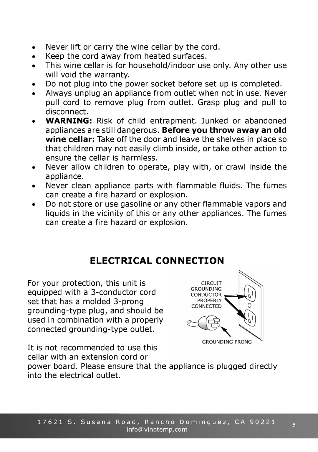 Vinotemp VT-15 TS owner manual Electrical Connection 