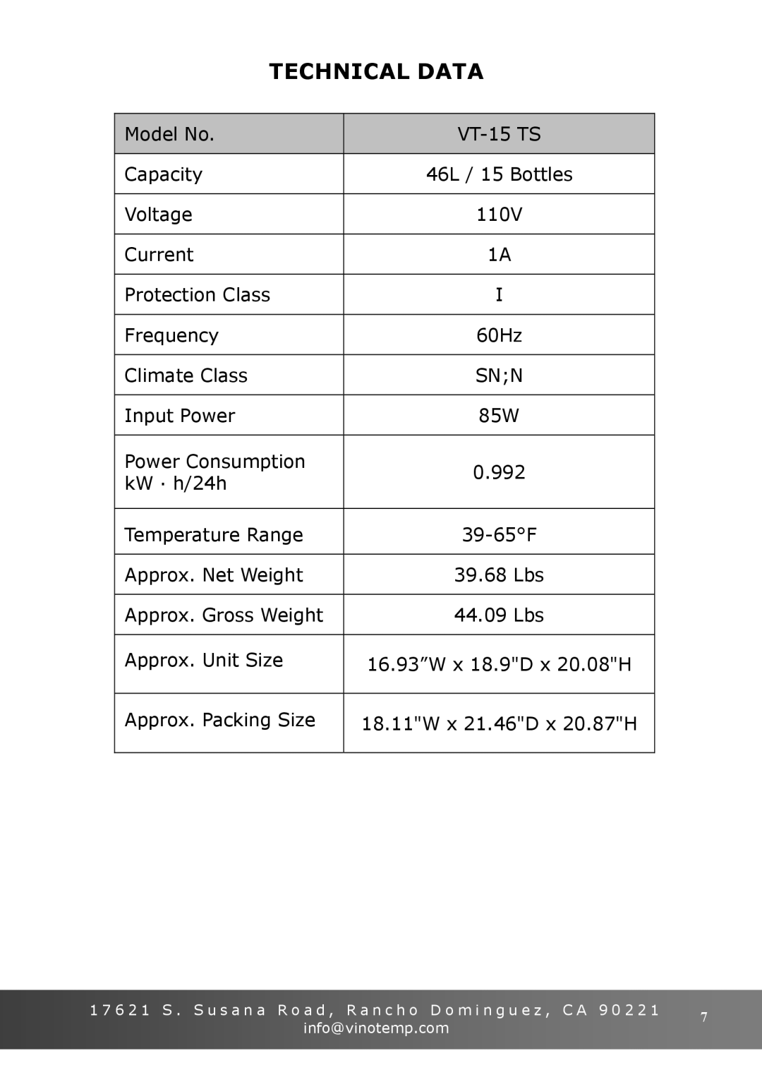 Vinotemp VT-15 TS owner manual Technical Data, Snn 