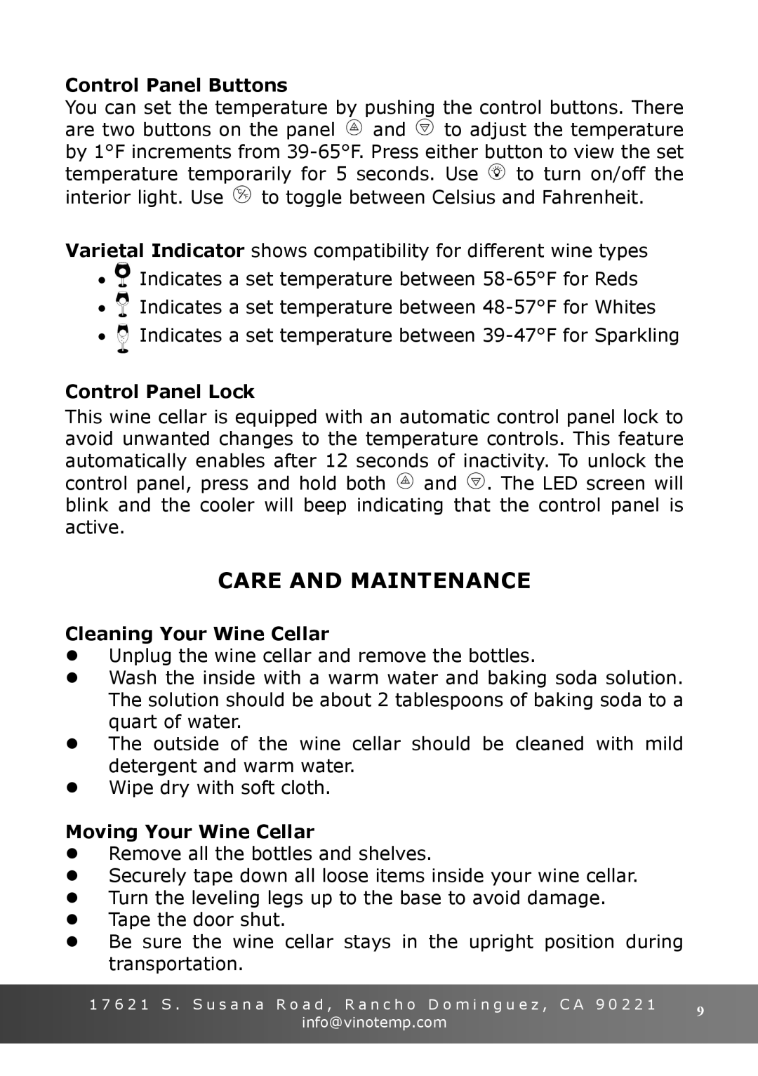 Vinotemp VT-15 TS owner manual Care and Maintenance, Control Panel Buttons 