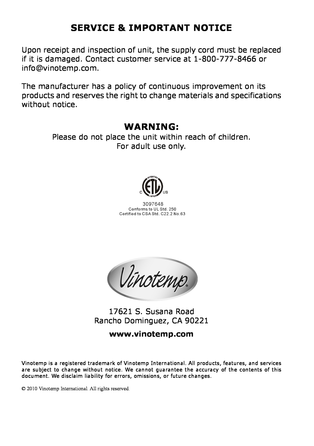 Vinotemp VT-15 TS owner manual Service & Important Notice 