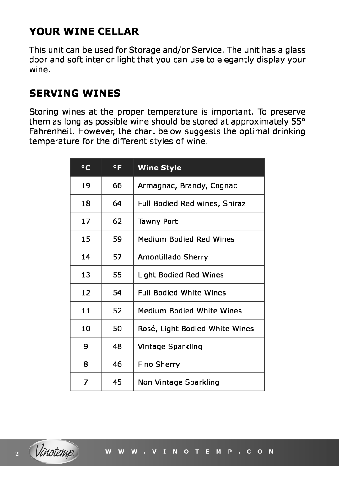 Vinotemp VT-15 TS owner manual Your Wine Cellar, Serving Wines, Wine Style 