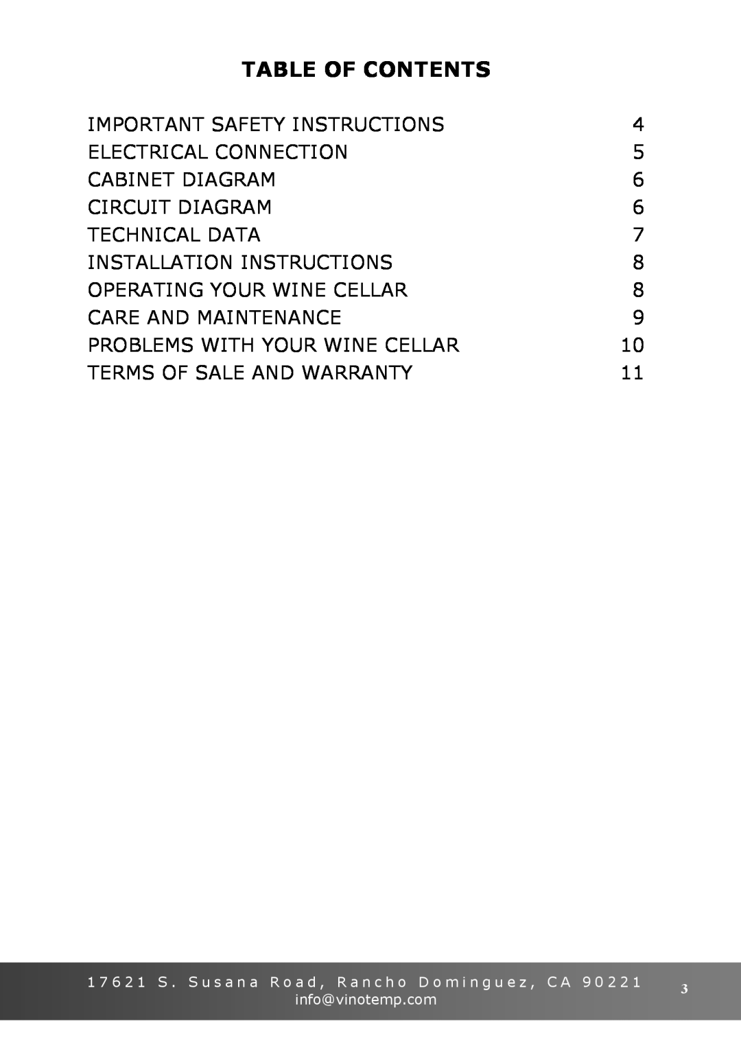 Vinotemp VT-15 TS owner manual Table Of Contents 