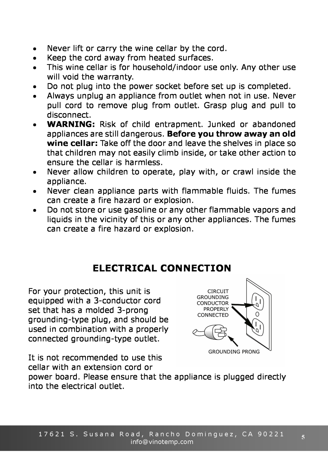 Vinotemp VT-15 TS owner manual Electrical Connection 