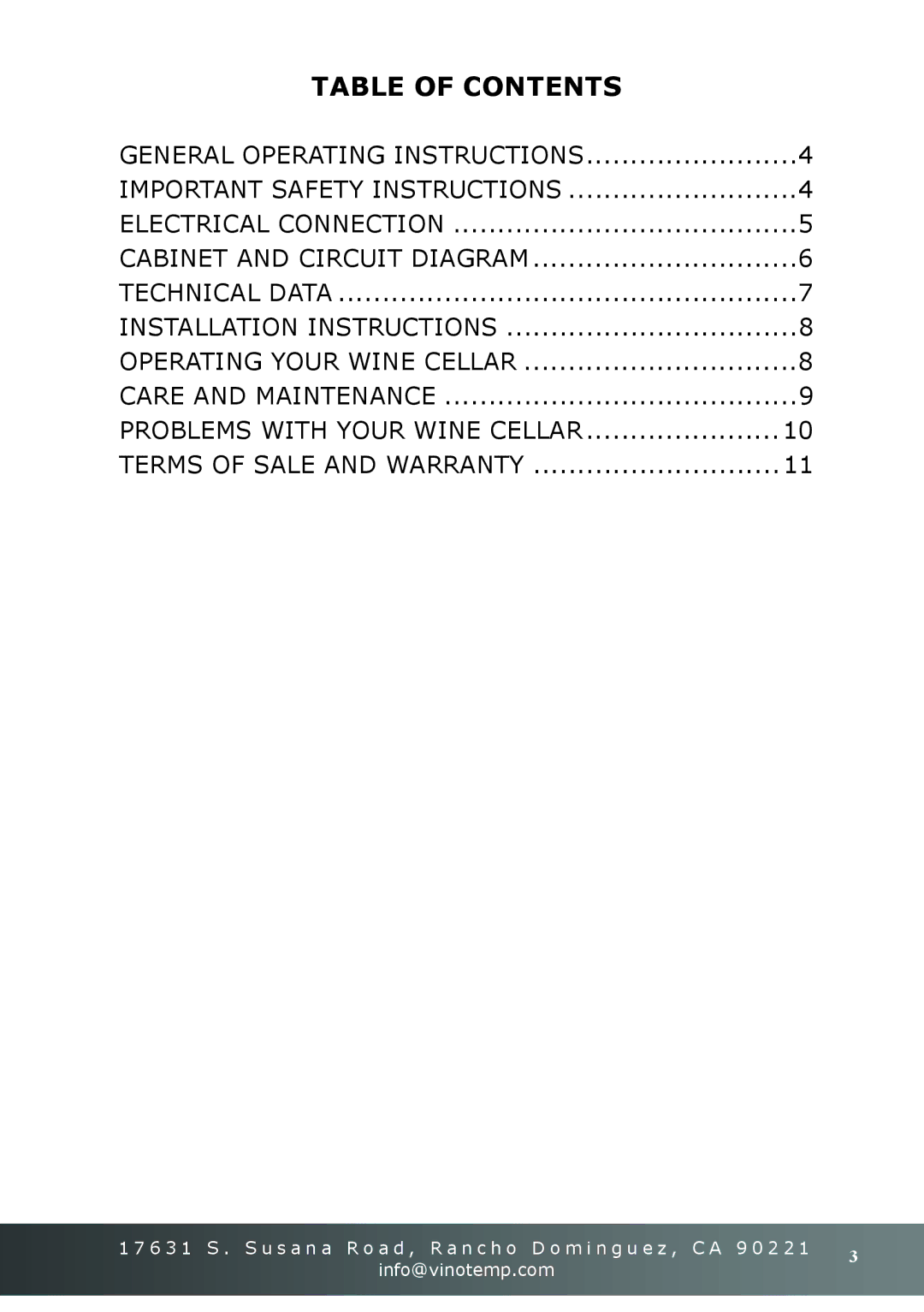 Vinotemp VT-16TEDS owner manual Table of Contents 