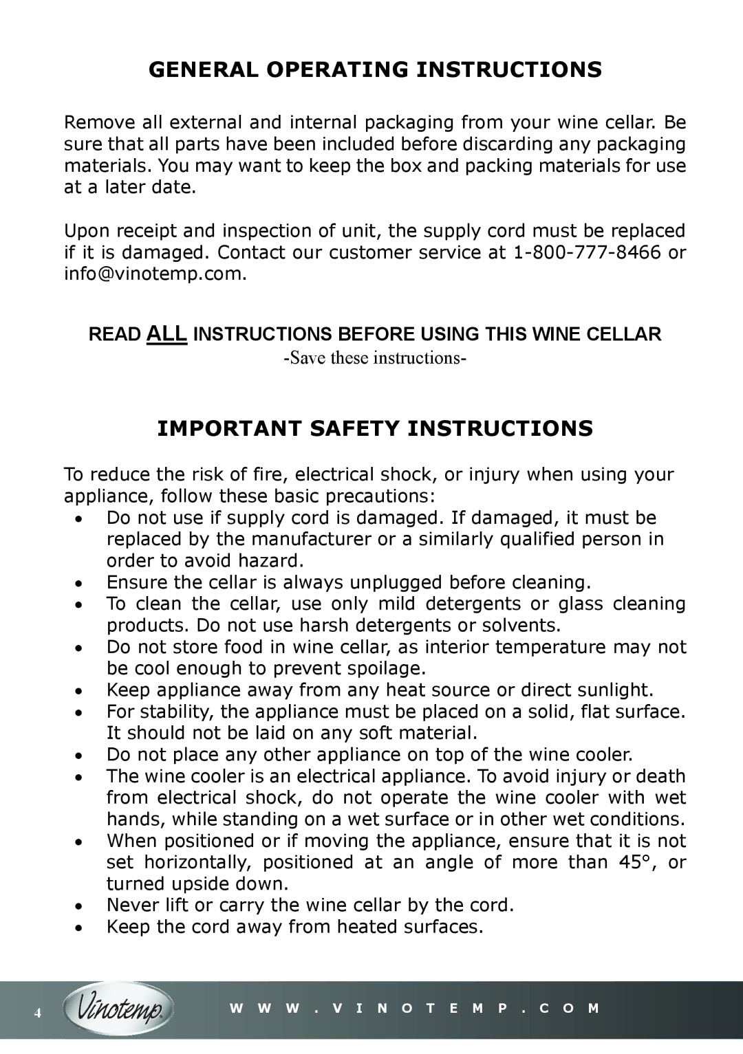 Vinotemp VT-16TEDS owner manual General Operating Instructions, Important Safety Instructions 