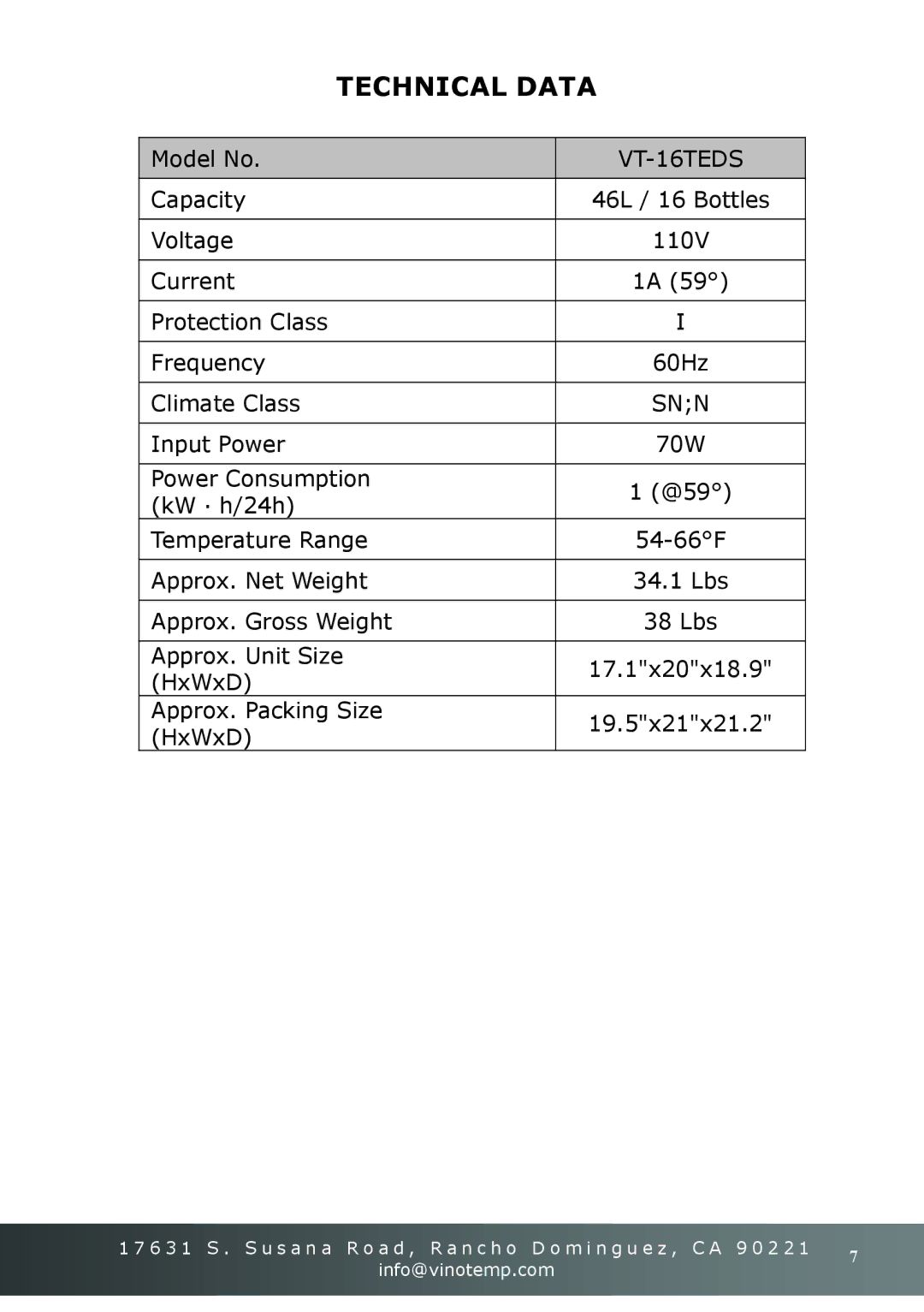 Vinotemp VT-16TEDS owner manual Technical Data, Snn 