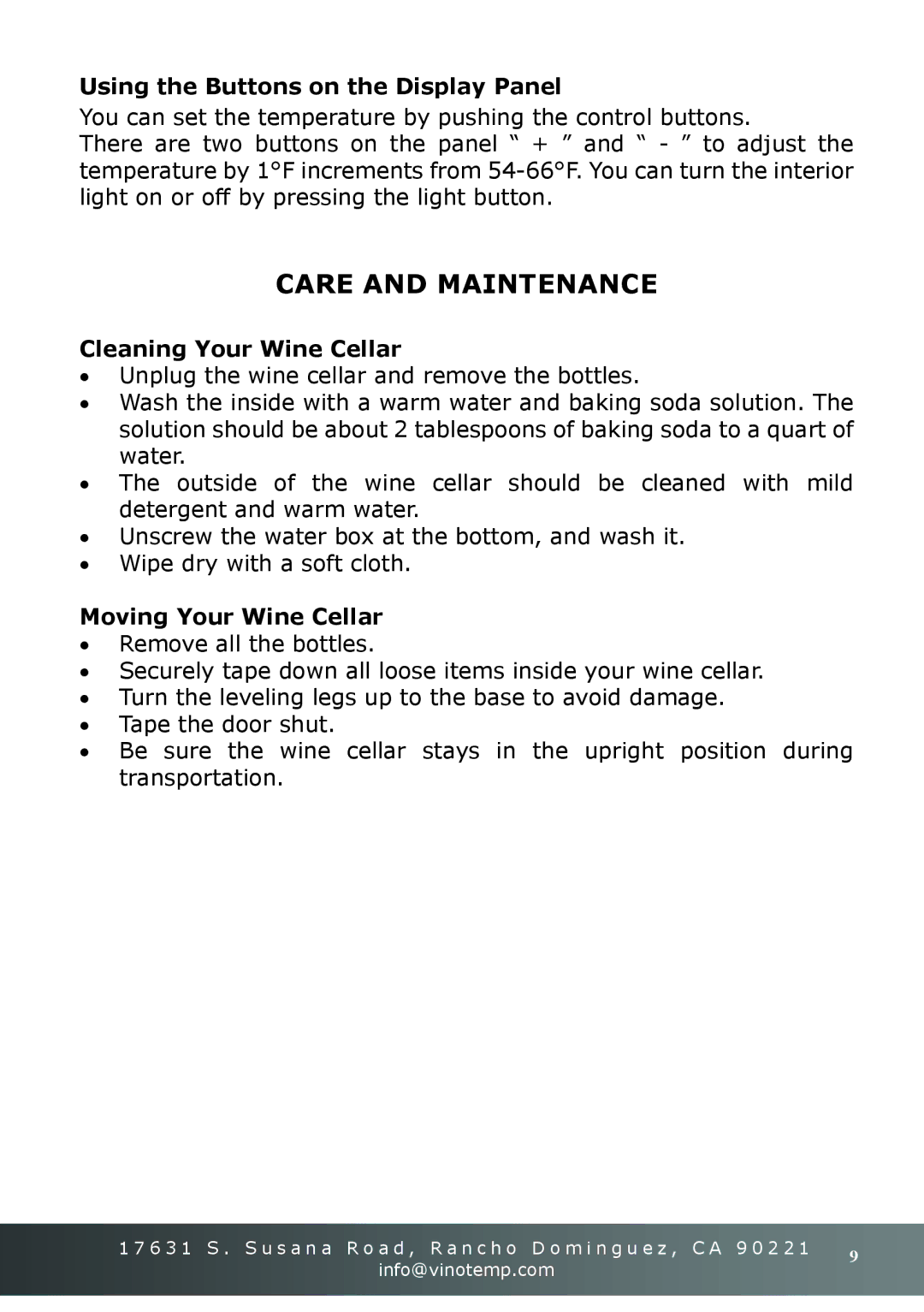 Vinotemp VT-16TEDS owner manual Care and Maintenance, Using the Buttons on the Display Panel 