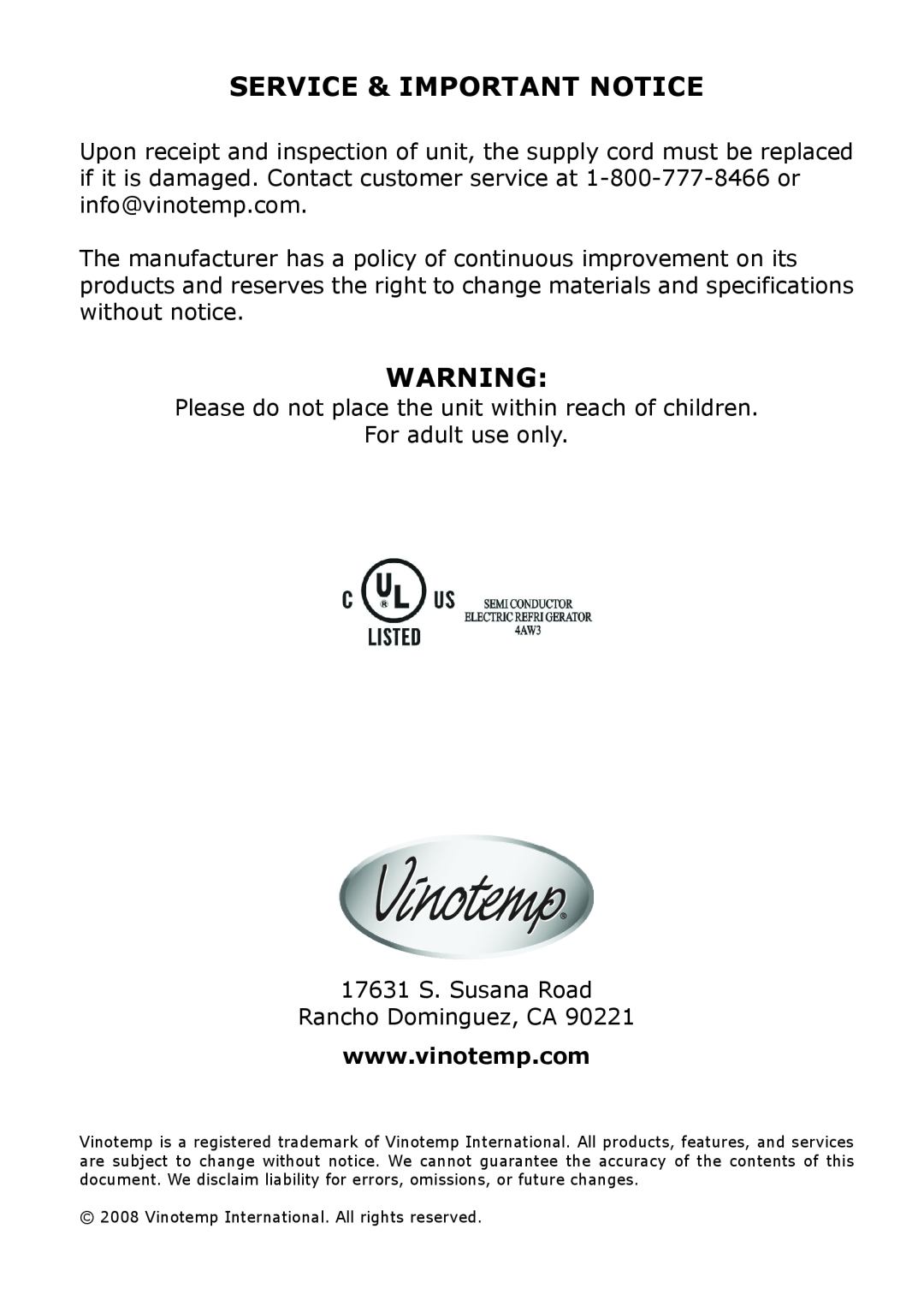 Vinotemp VT-16TEDS owner manual Service & Important Notice 