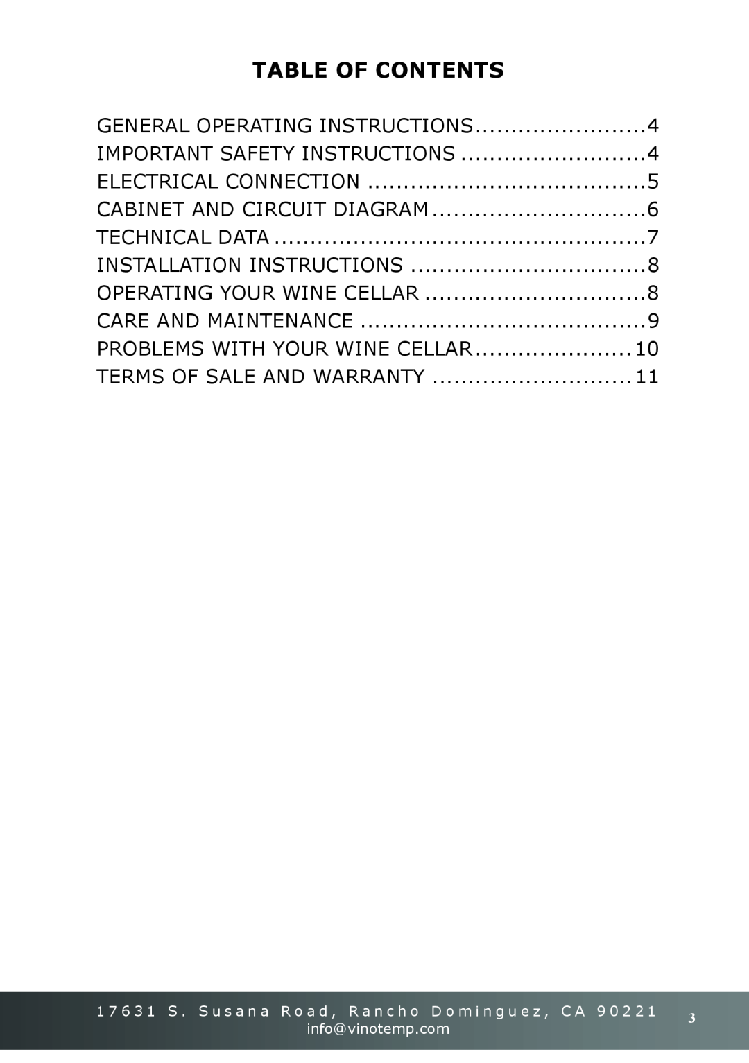 Vinotemp VT-16TEDS owner manual Table Of Contents 
