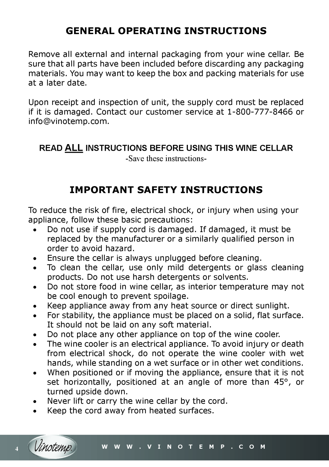 Vinotemp VT-16TEDS owner manual General Operating Instructions, Important Safety Instructions, Savethese instructions 