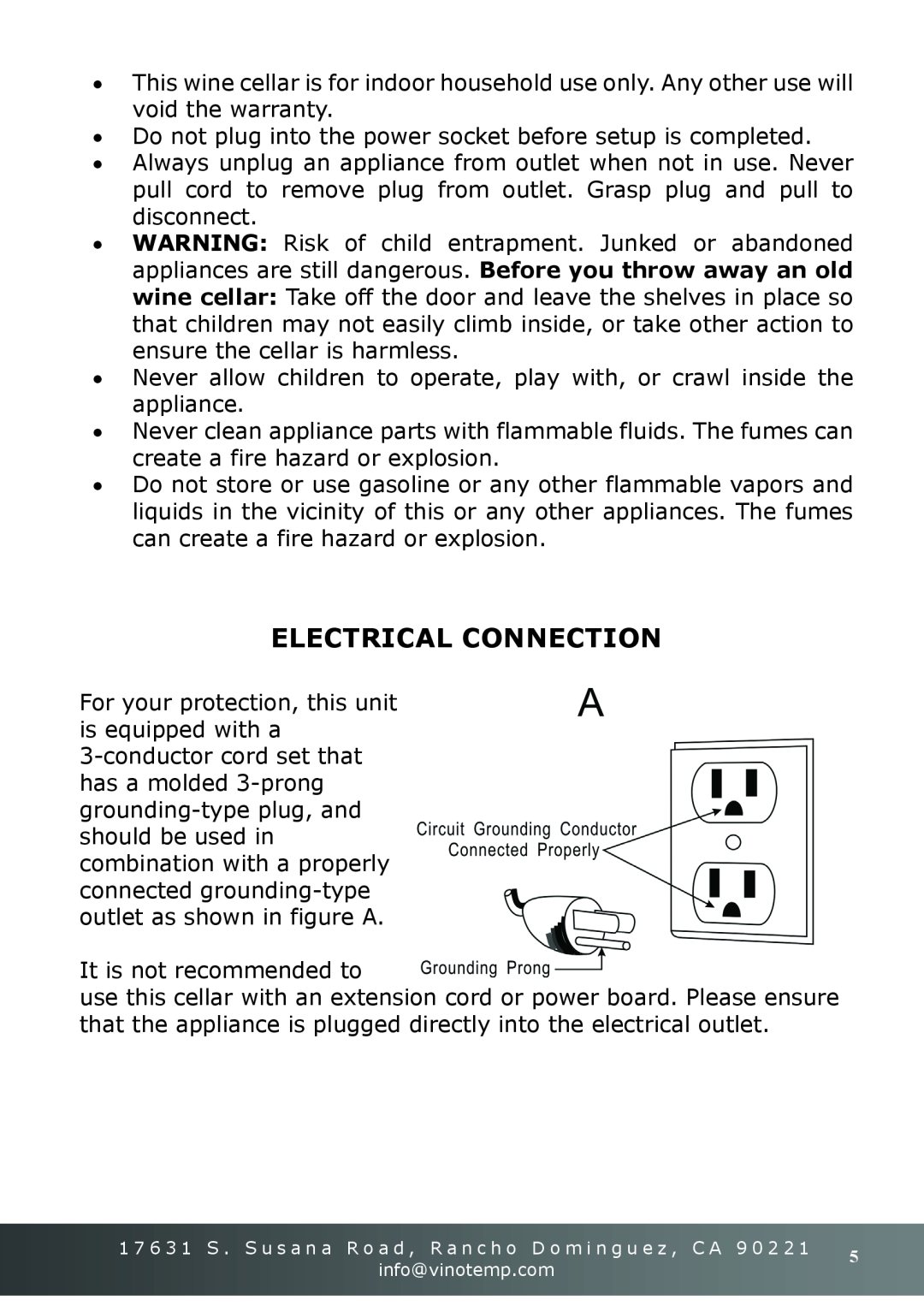 Vinotemp VT-16TEDS owner manual Electrical Connection 