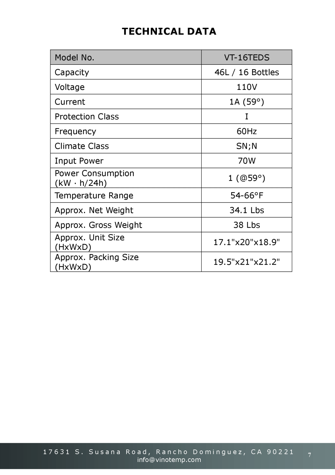 Vinotemp VT-16TEDS owner manual Technical Data 