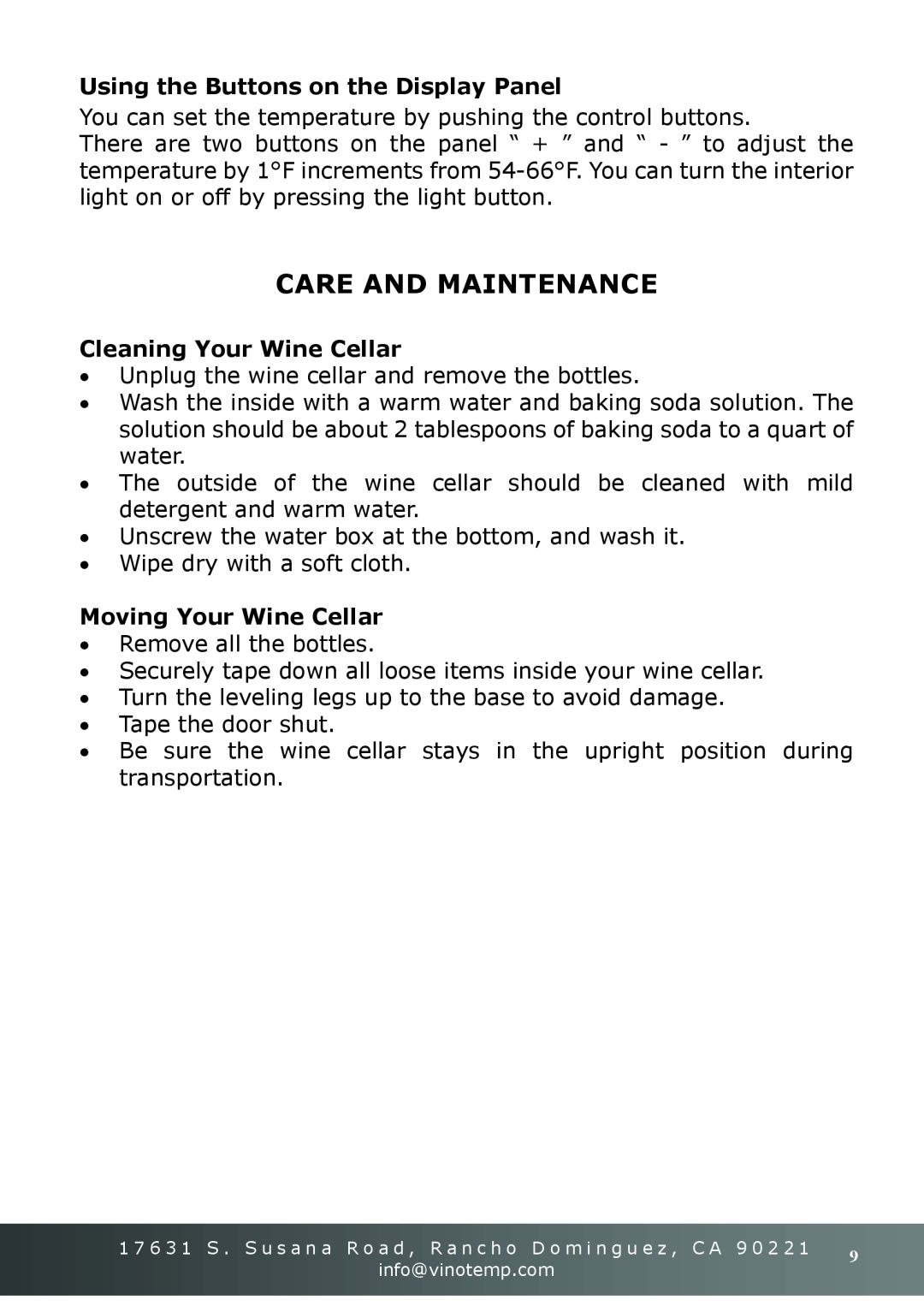 Vinotemp VT-16TEDS owner manual Care And Maintenance, Using the Buttons on the Display Panel, Cleaning Your Wine Cellar 