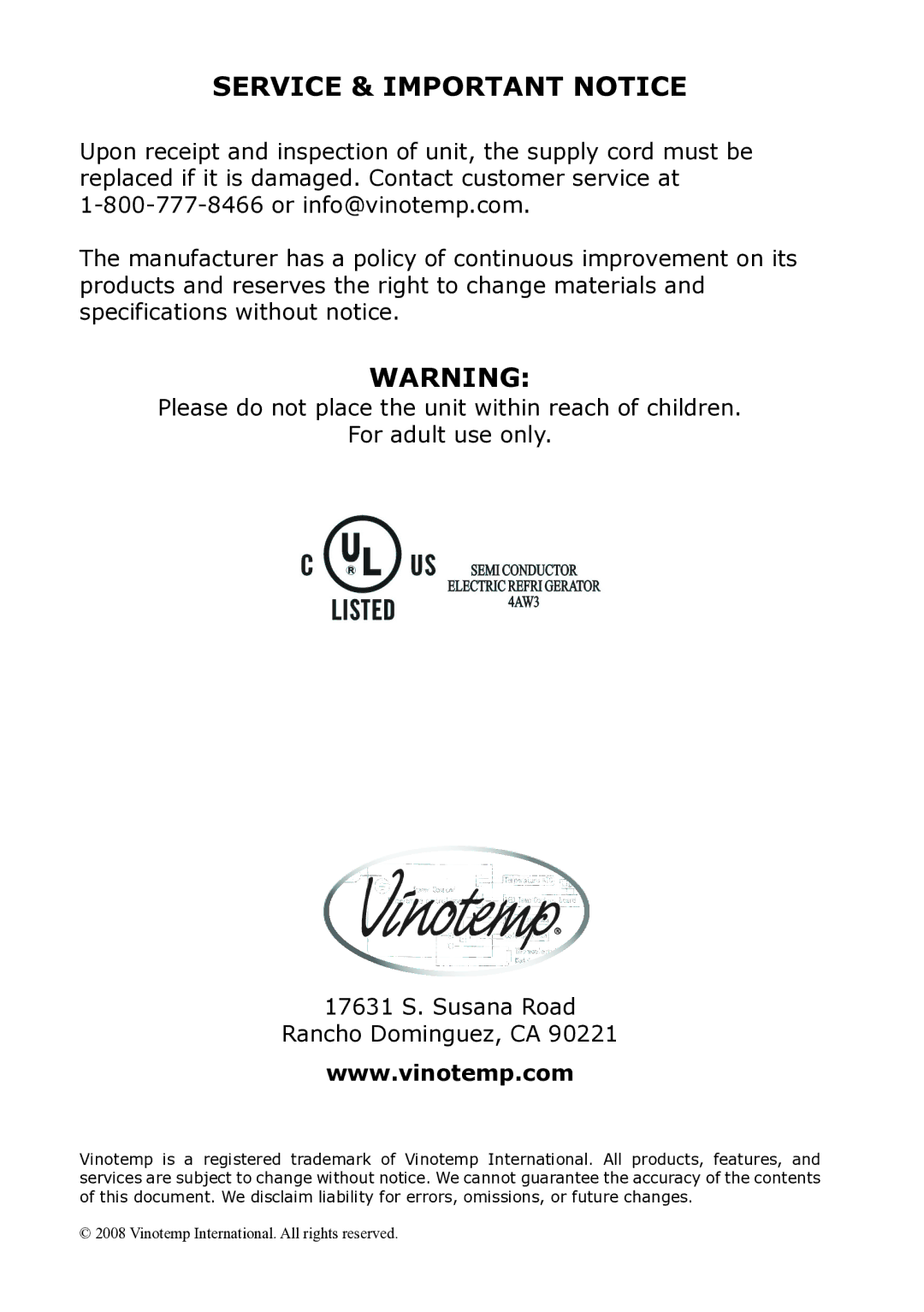 Vinotemp VT-18TEDS owner manual Service & Important Notice 