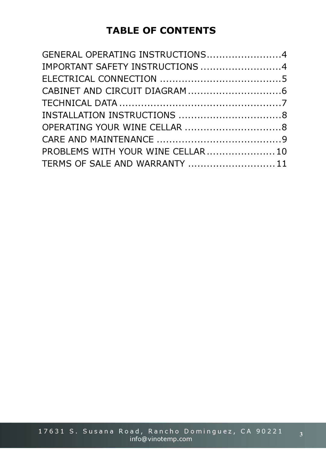 Vinotemp VT-18TEDS owner manual Table of Contents 