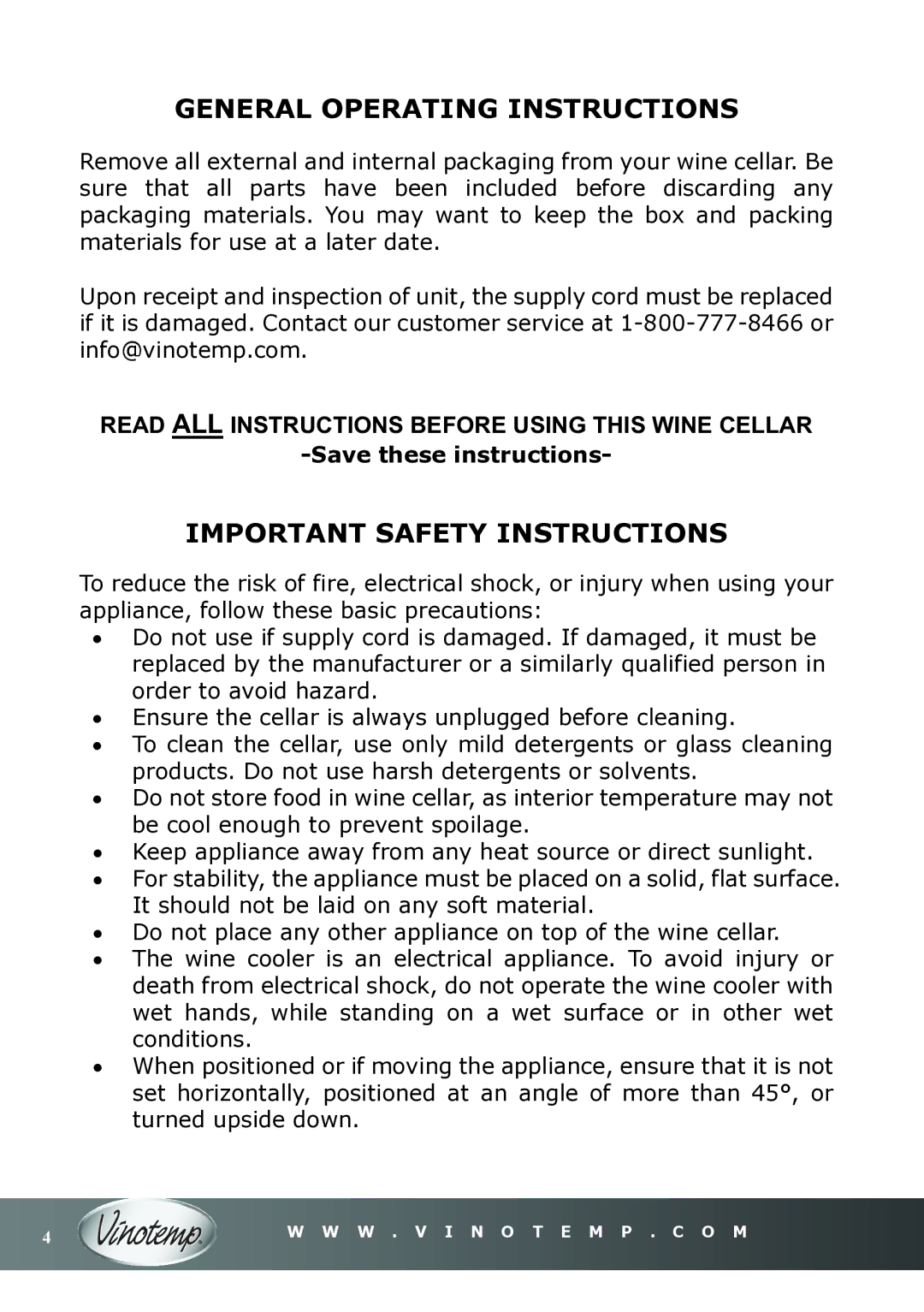 Vinotemp VT-18TEDS owner manual General Operating Instructions, Important Safety Instructions 