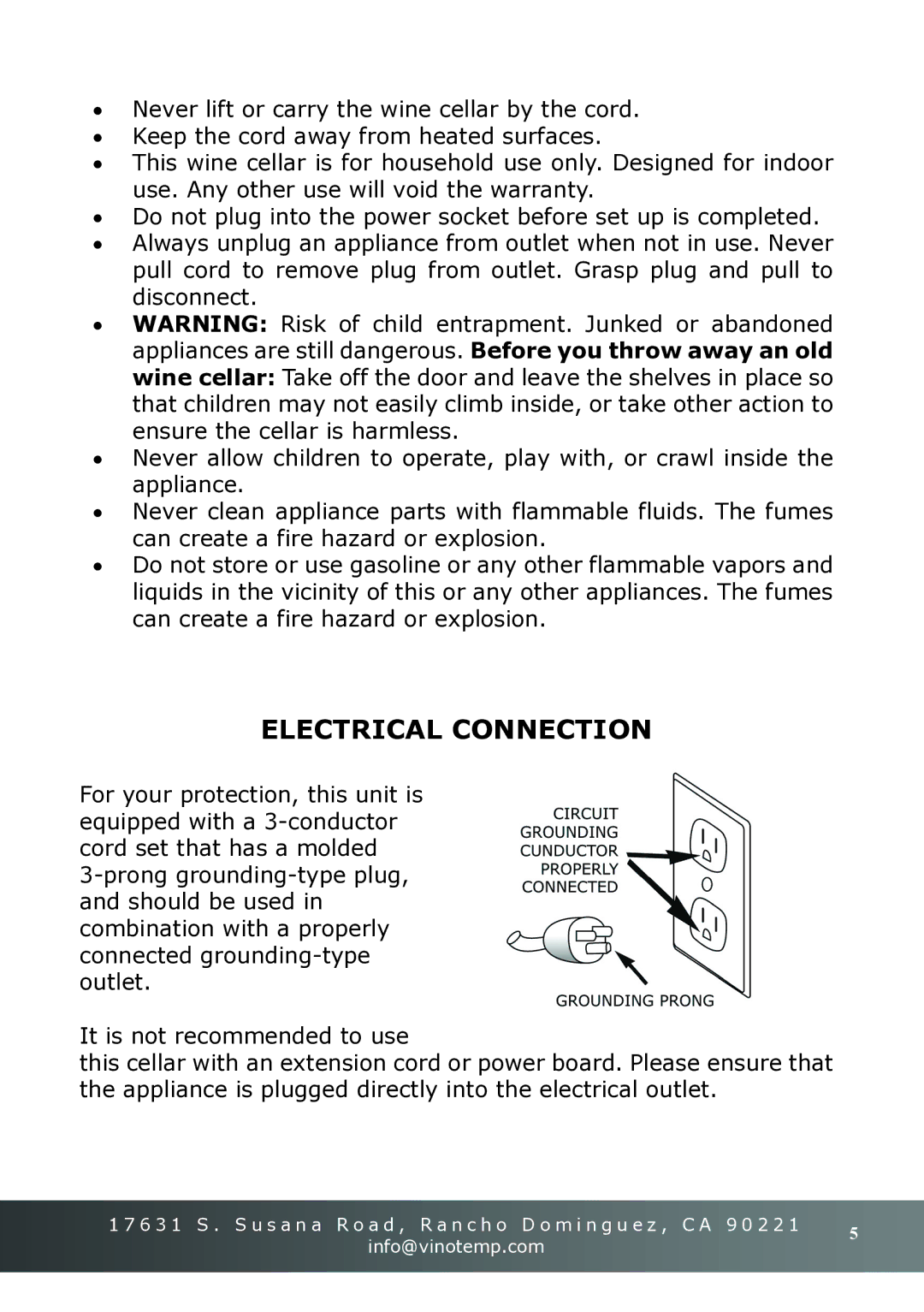 Vinotemp VT-18TEDS owner manual Electrical Connection 