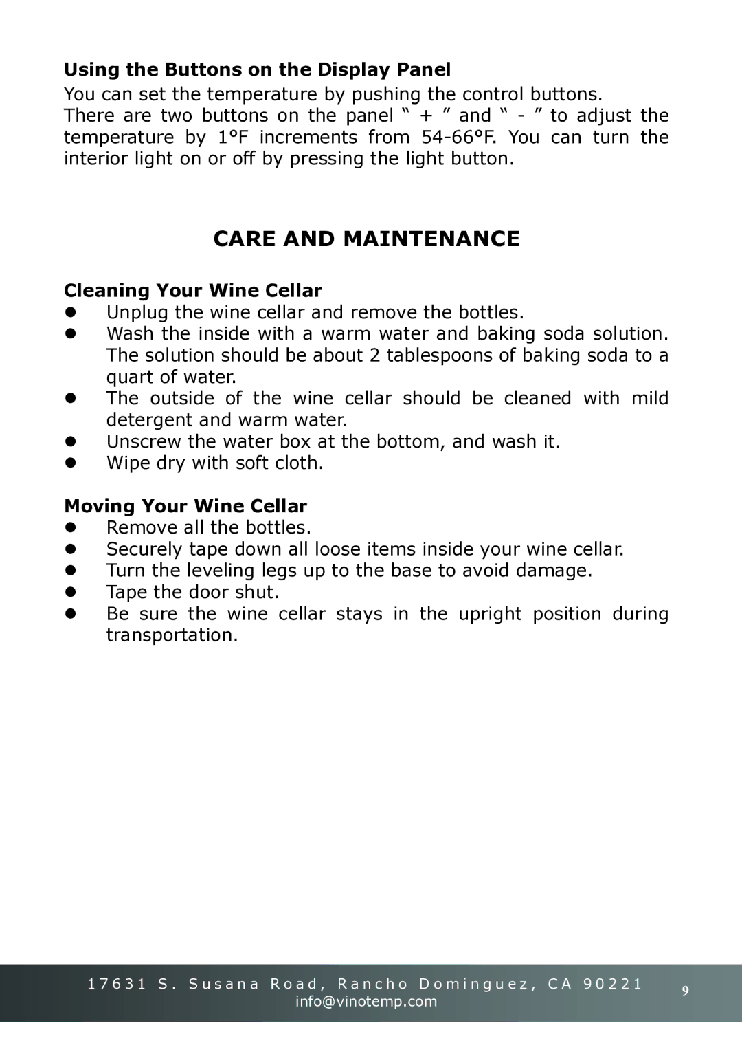 Vinotemp VT-18TEDS owner manual Care and Maintenance, Using the Buttons on the Display Panel 