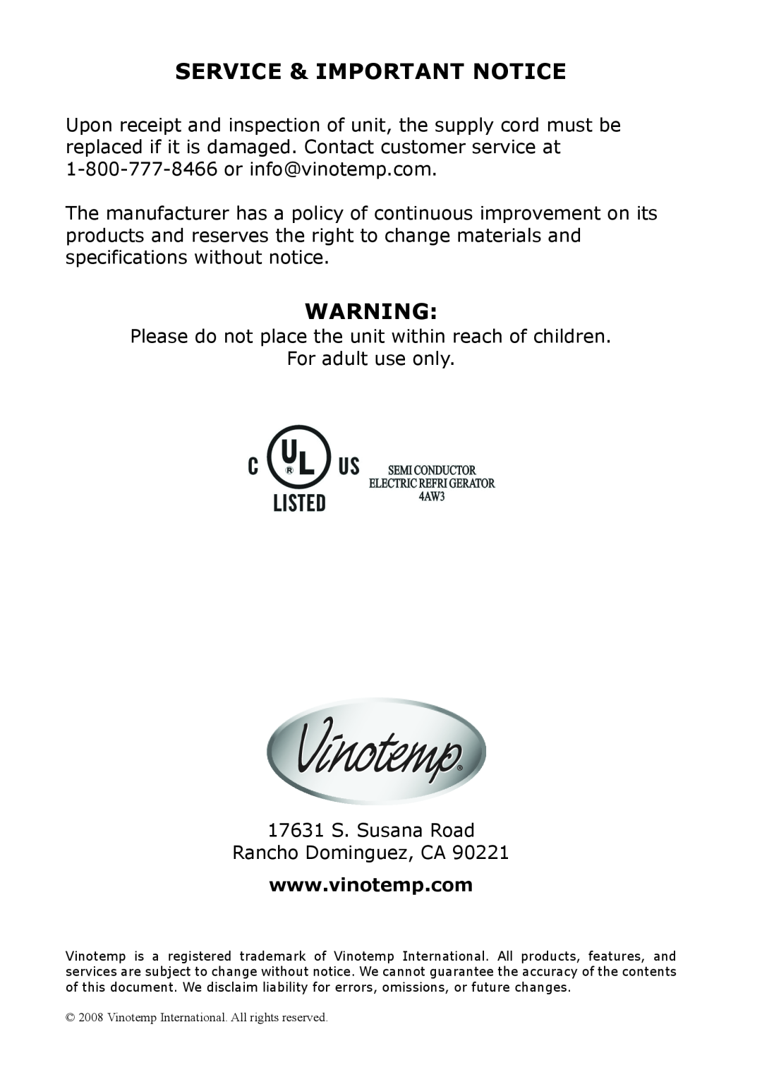 Vinotemp VT-18TEDS owner manual Service & Important Notice 