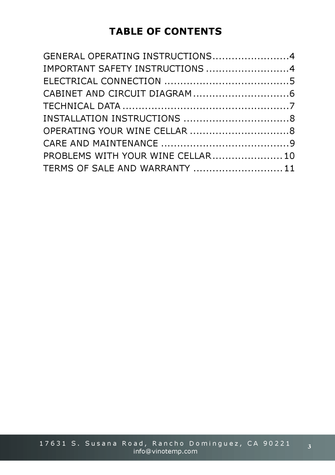 Vinotemp VT-18TEDS owner manual Table Of Contents 