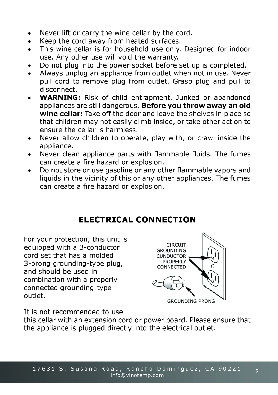 Vinotemp VT-18TEDS owner manual Electrical Connection 