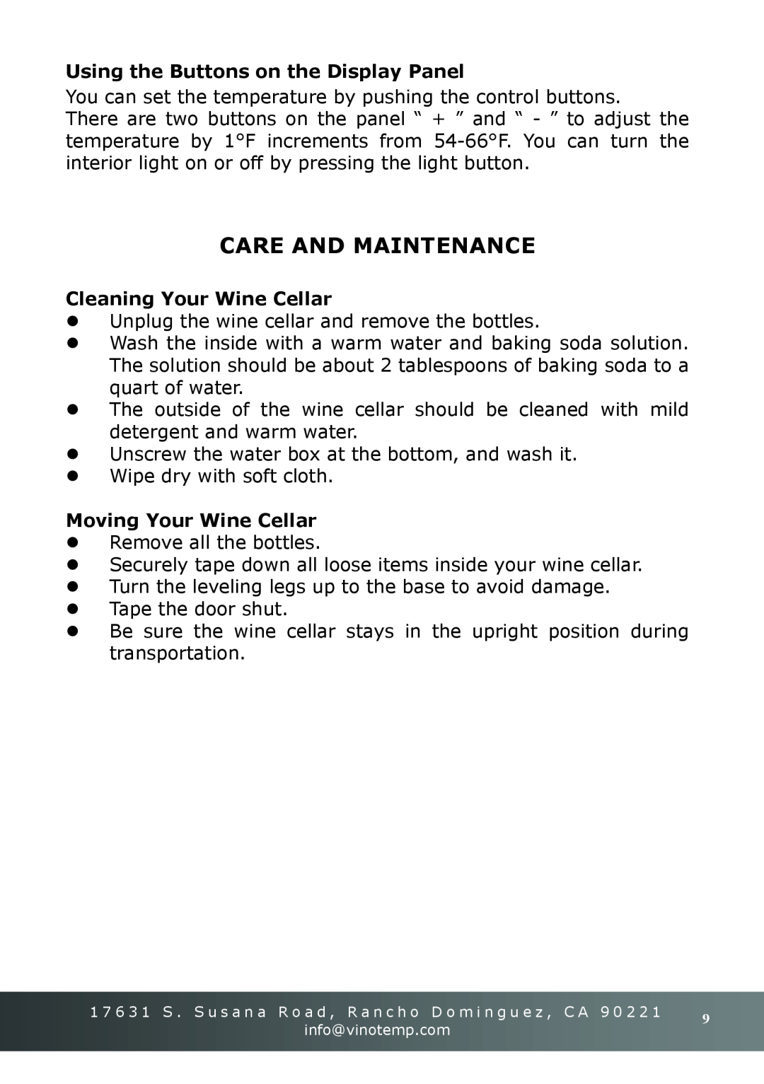 Vinotemp VT-18TEDS owner manual Care And Maintenance, Using the Buttons on the Display Panel, Cleaning Your Wine Cellar 