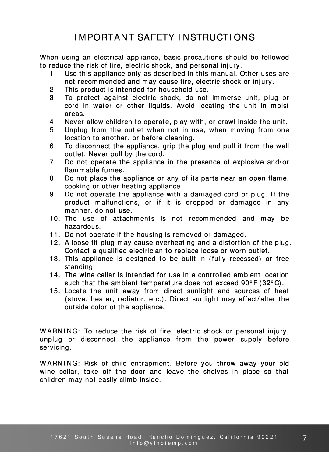 Vinotemp VT-26 owner manual Important Safety Instructions 
