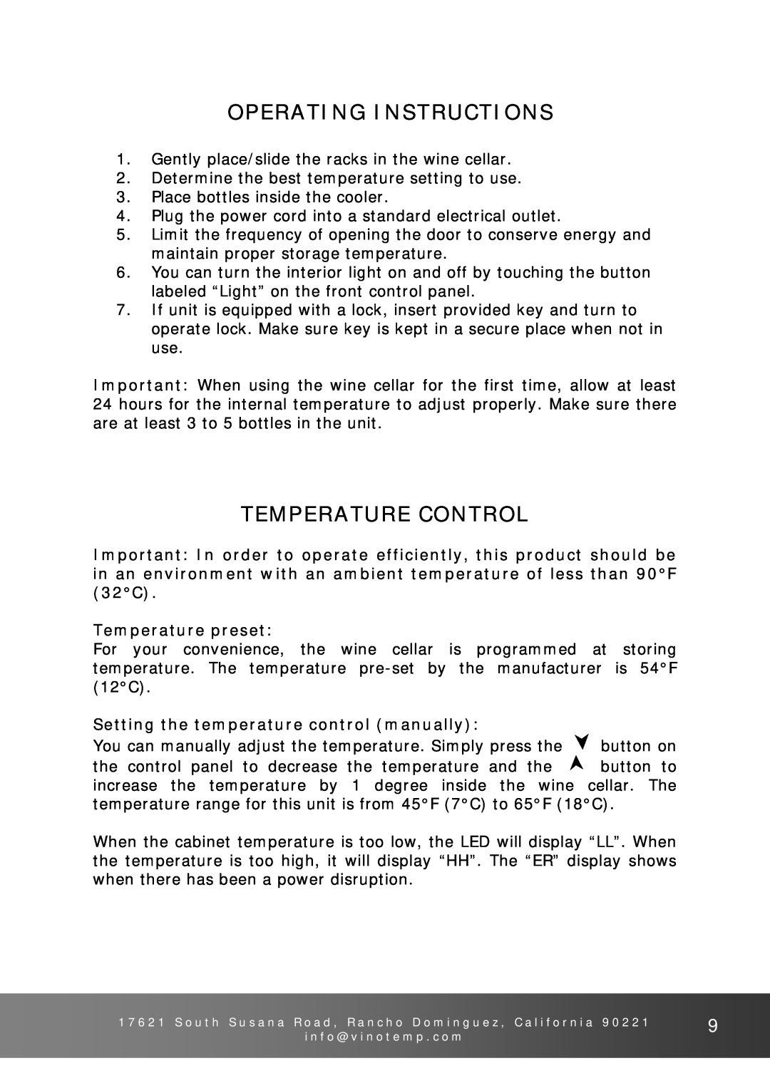 Vinotemp VT-26 Operating Instructions, Temperature Control, Temperature preset, Setting the temperature control manually 