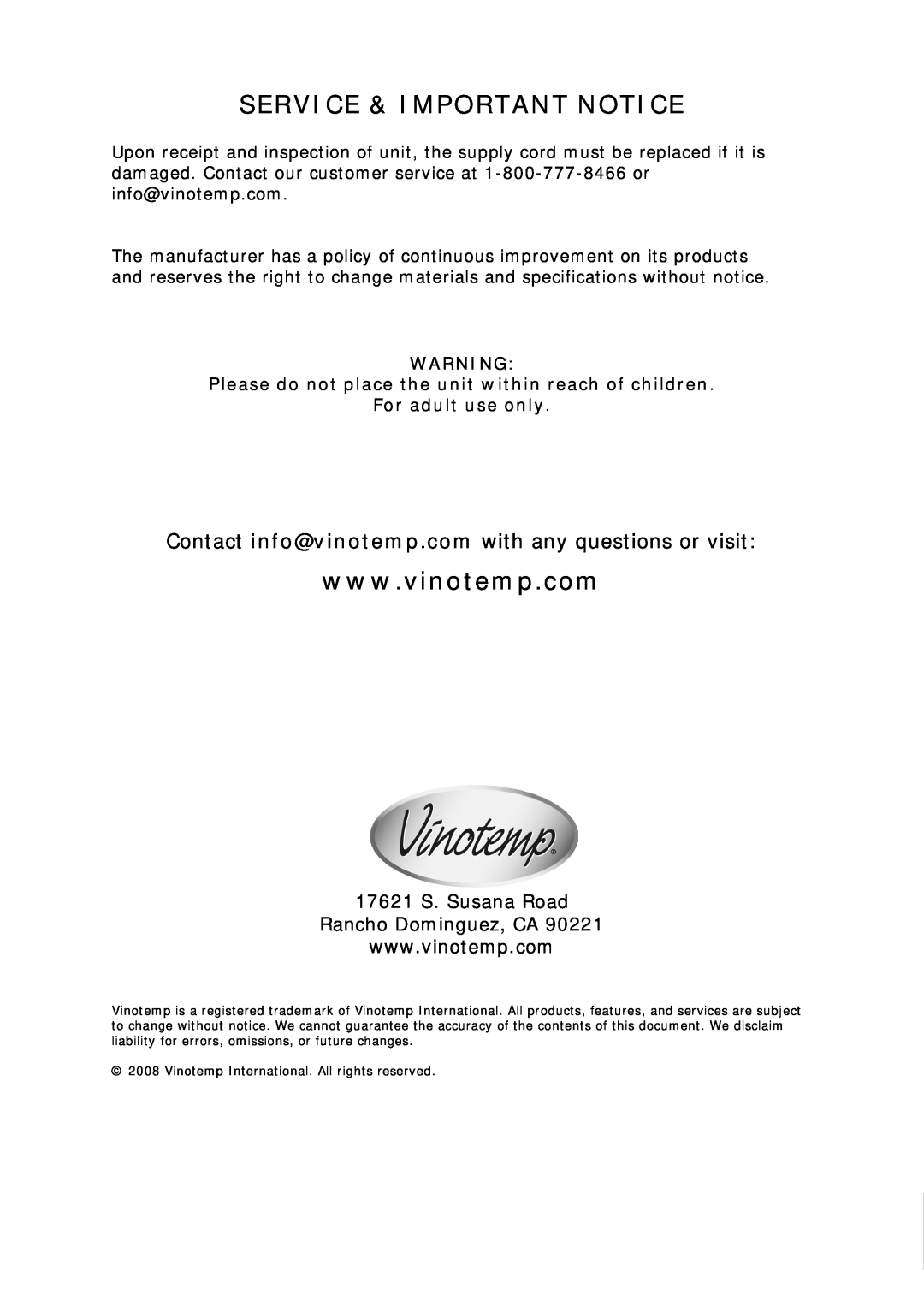 Vinotemp VT-26BC owner manual Service & Important Notice, W W W . V I N O T E M P . C O M, For adult use only 