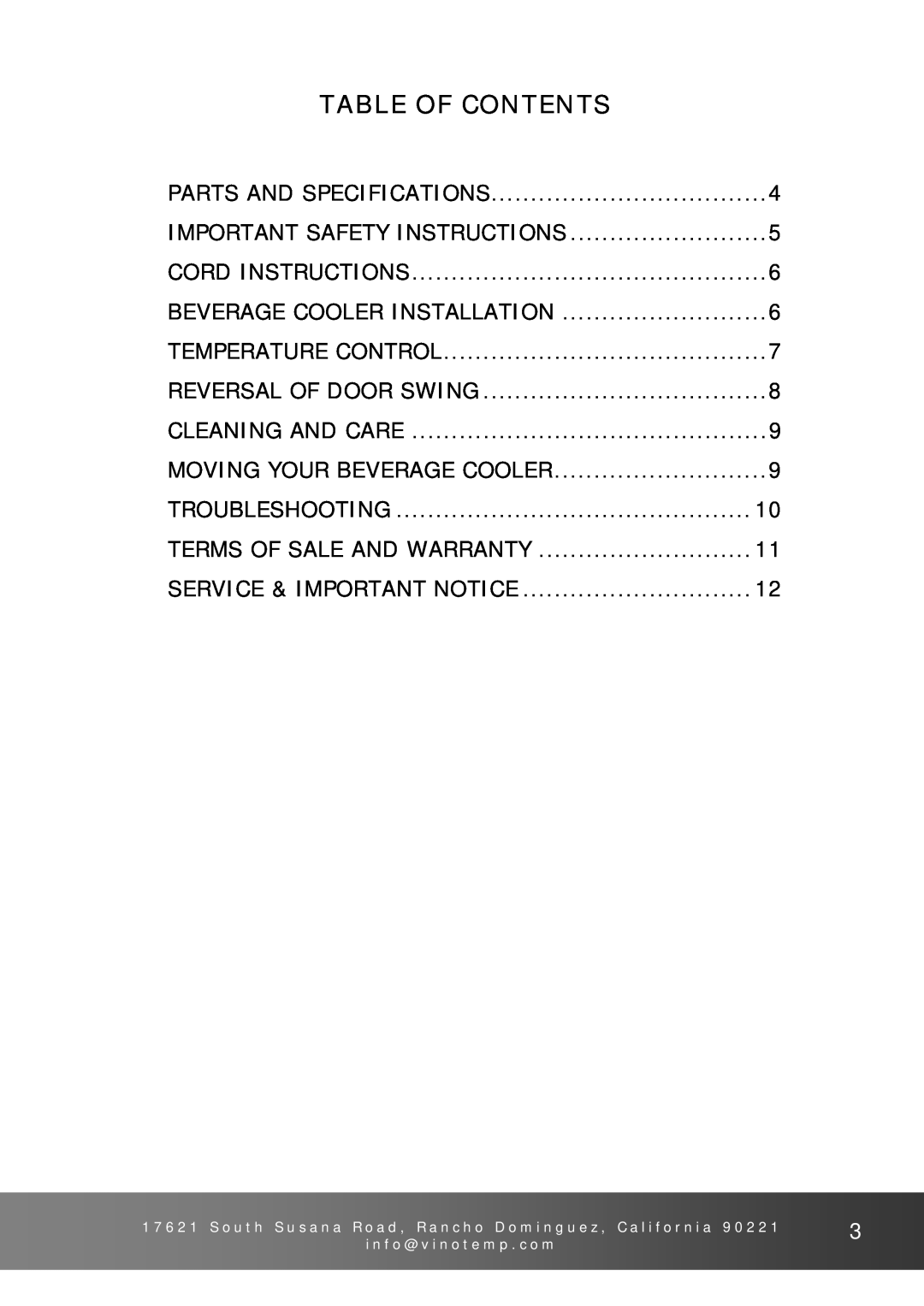 Vinotemp VT-26BC owner manual Table Of Contents, Parts And Specifications, Important Safety Instructions, Cord Instructions 