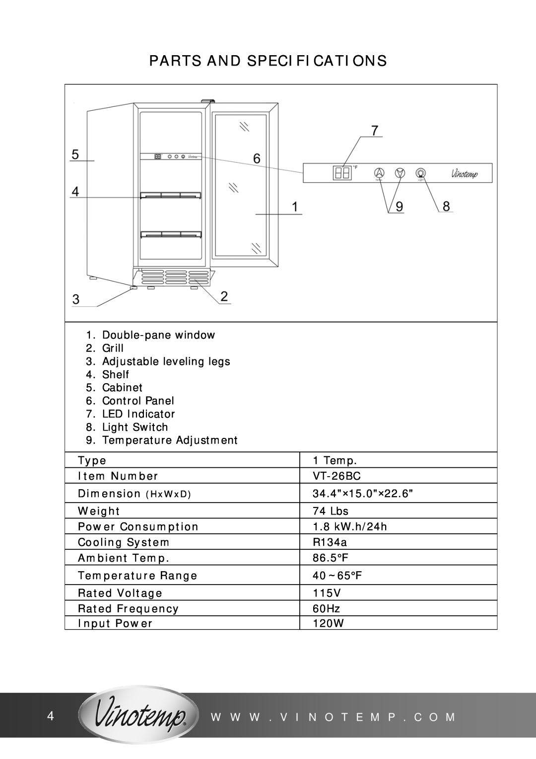 Vinotemp VT-26BC owner manual Parts And Specifications, Type Item Number Dimension HxWxD Weight Power Consumption 