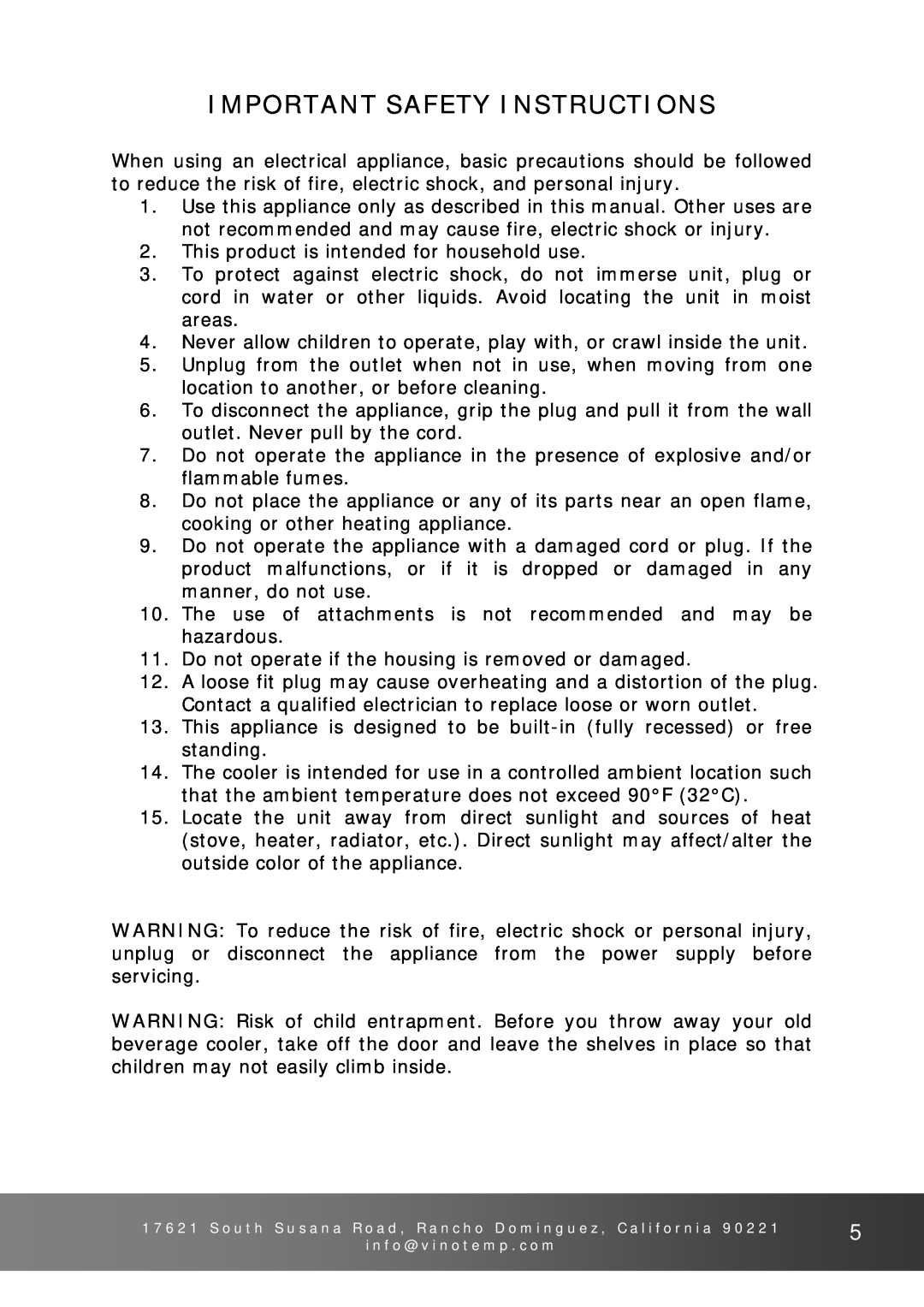 Vinotemp VT-26BC owner manual Important Safety Instructions 