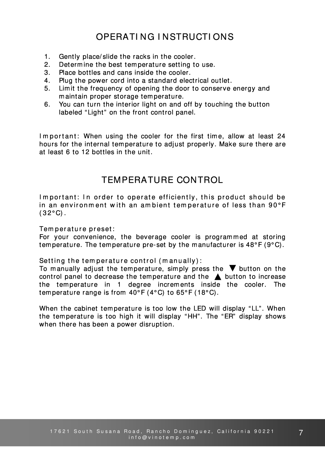 Vinotemp VT-26BC Operating Instructions, Temperature Control, Temperature preset, Setting the temperature control manually 