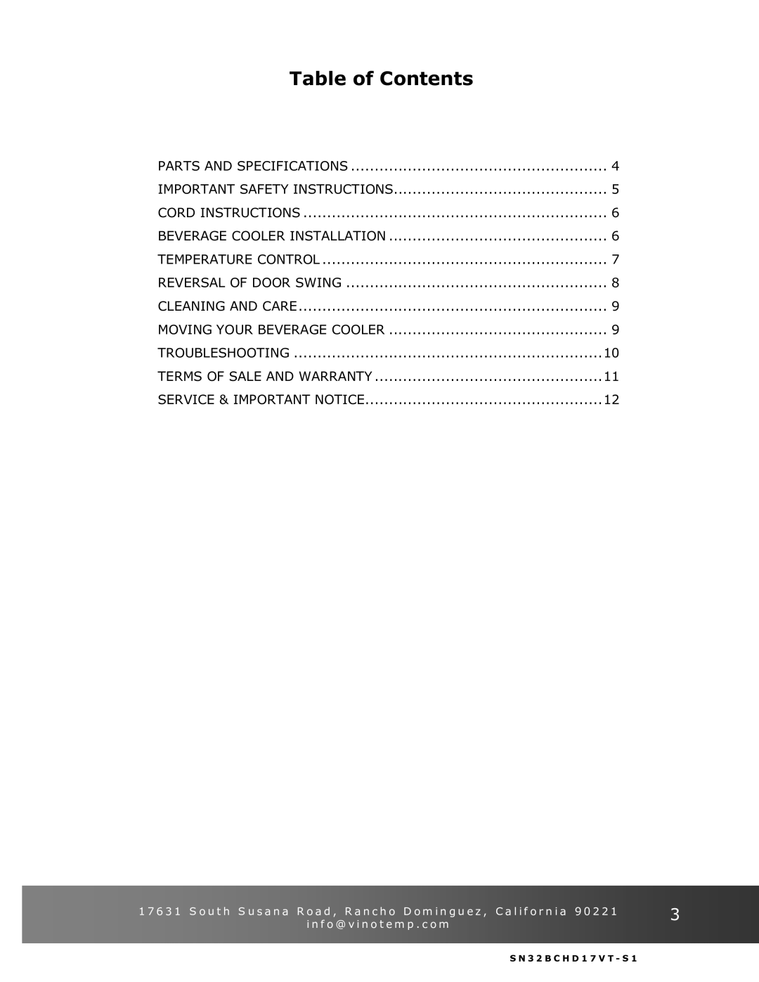 Vinotemp VT-32BCSB manual Table of Contents 