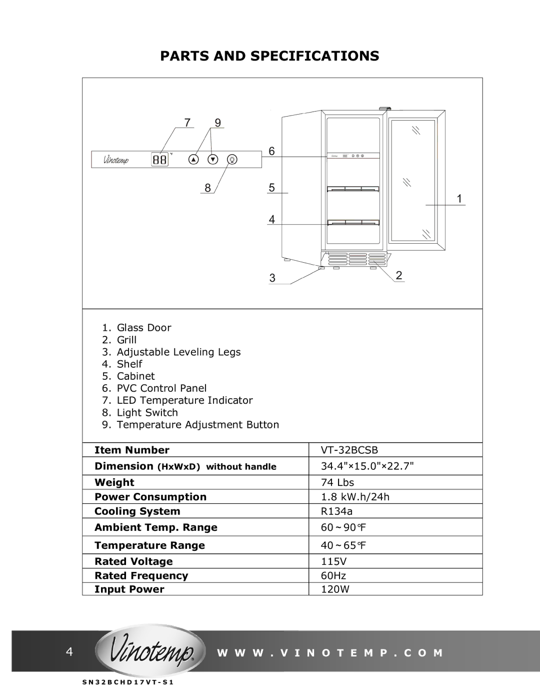 Vinotemp VT-32BCSB manual Parts and Specifications 