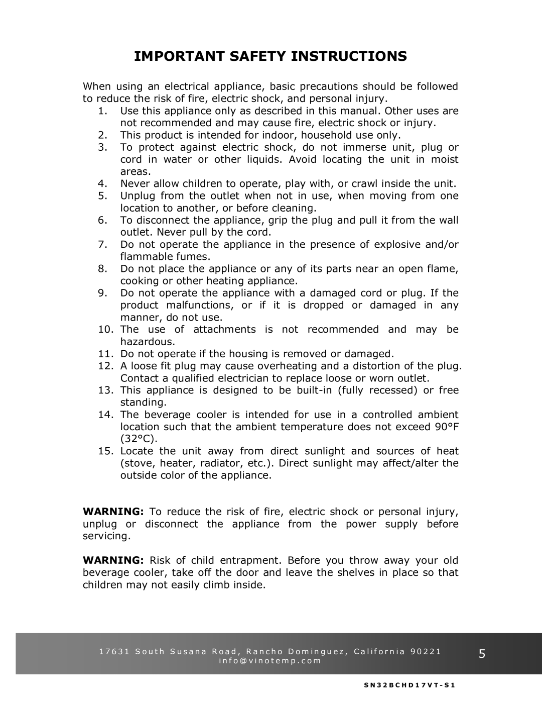 Vinotemp VT-32BCSB manual Important Safety Instructions 