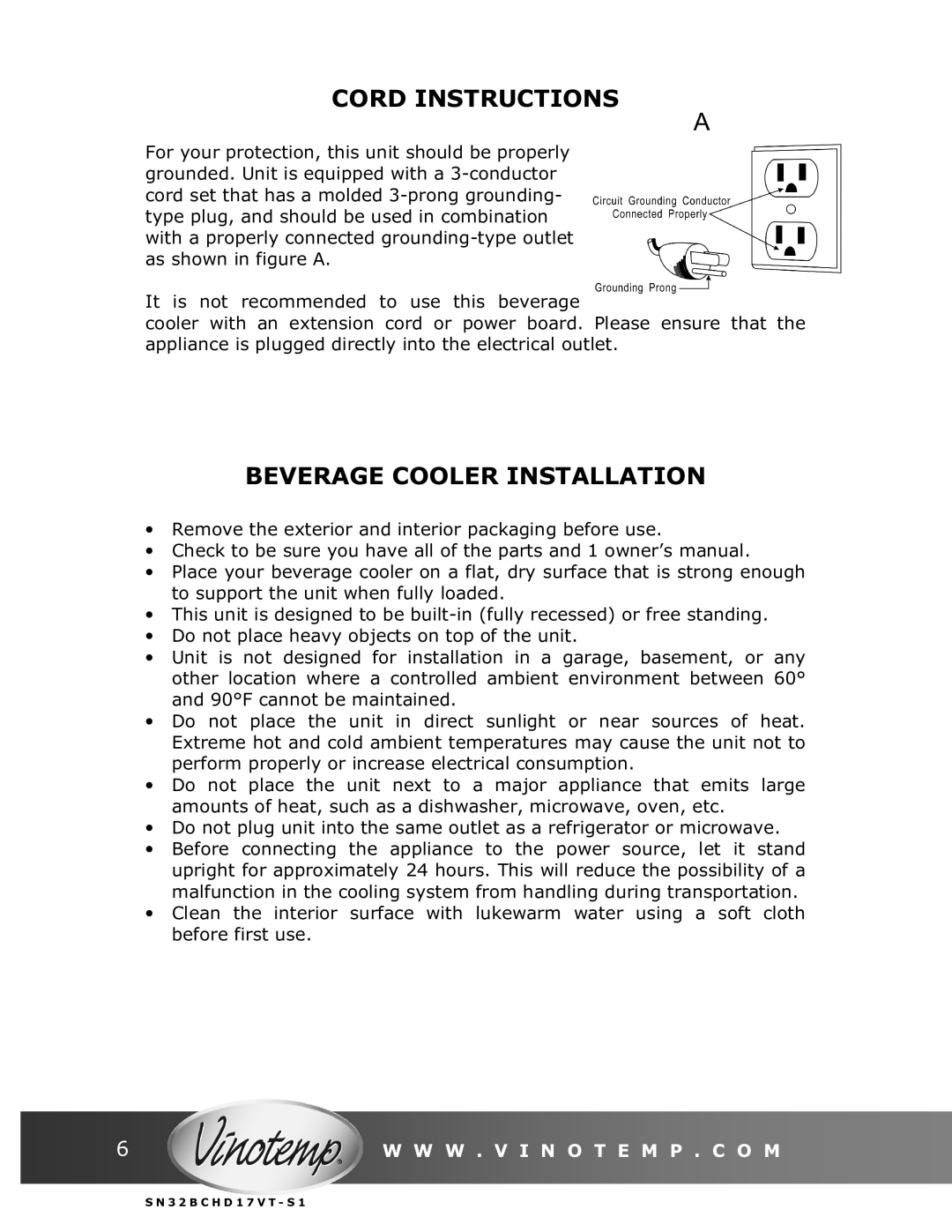 Vinotemp VT-32BCSB manual Cord Instructions, Beverage Cooler Installation 