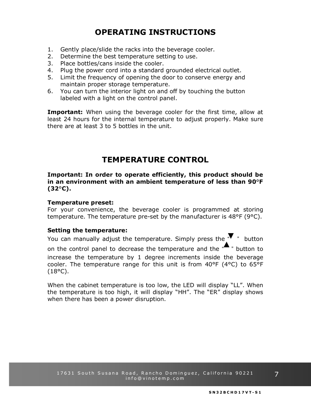 Vinotemp VT-32BCSB manual Operating Instructions, Temperature Control 