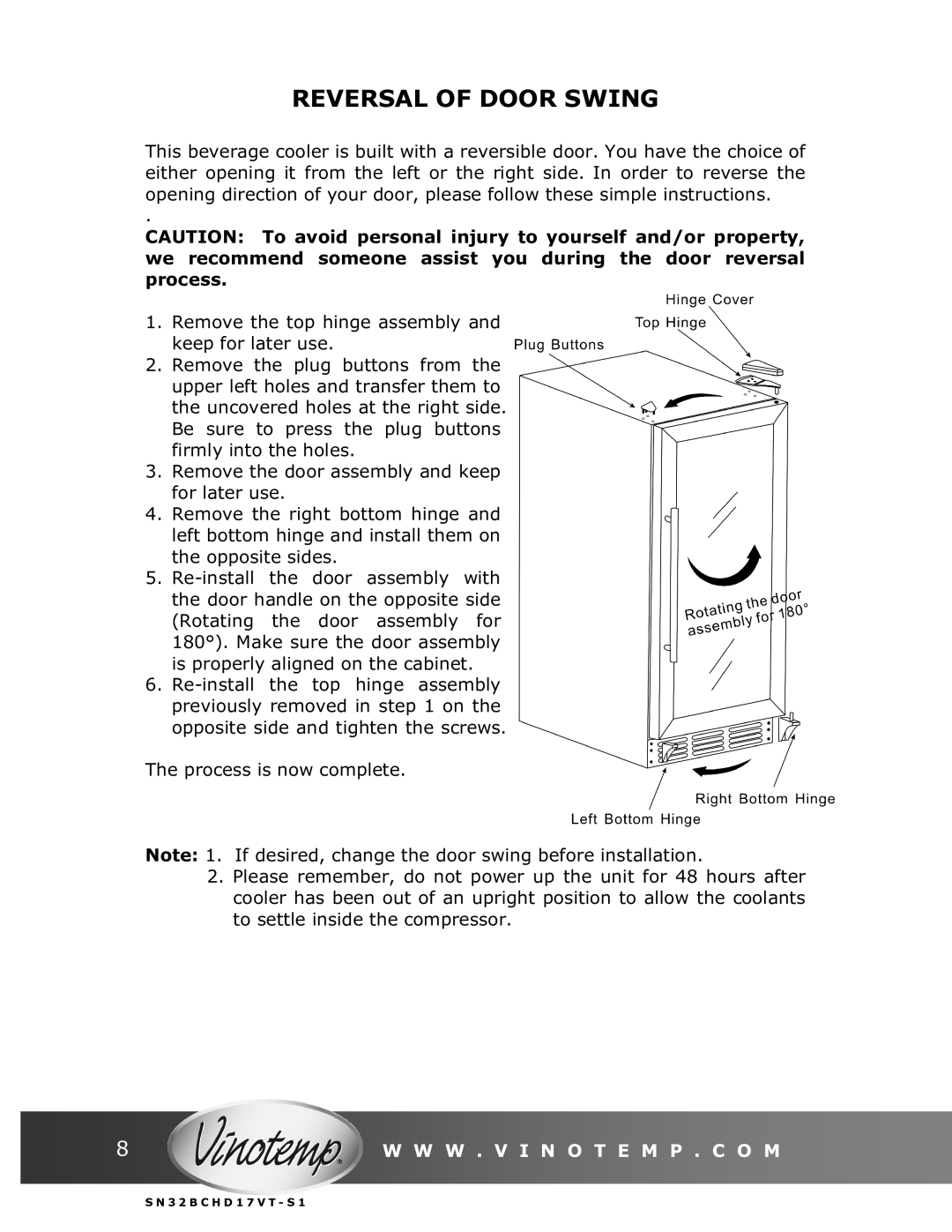 Vinotemp VT-32BCSB manual Reversal of Door Swing 