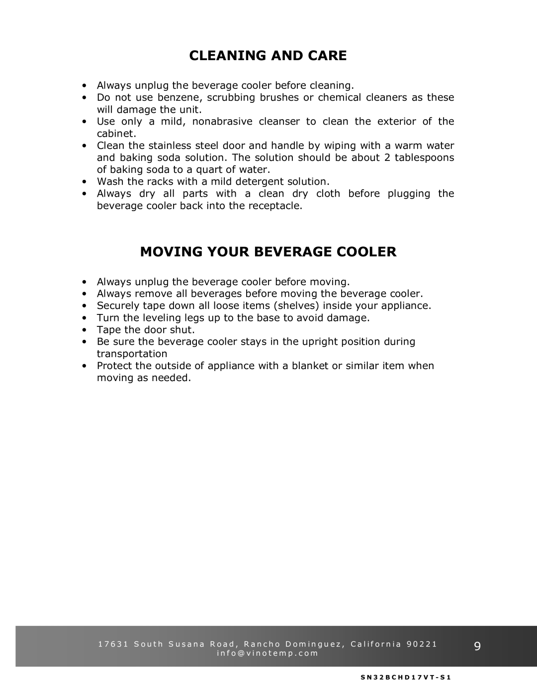 Vinotemp VT-32BCSB manual Cleaning and Care, Moving Your Beverage Cooler 