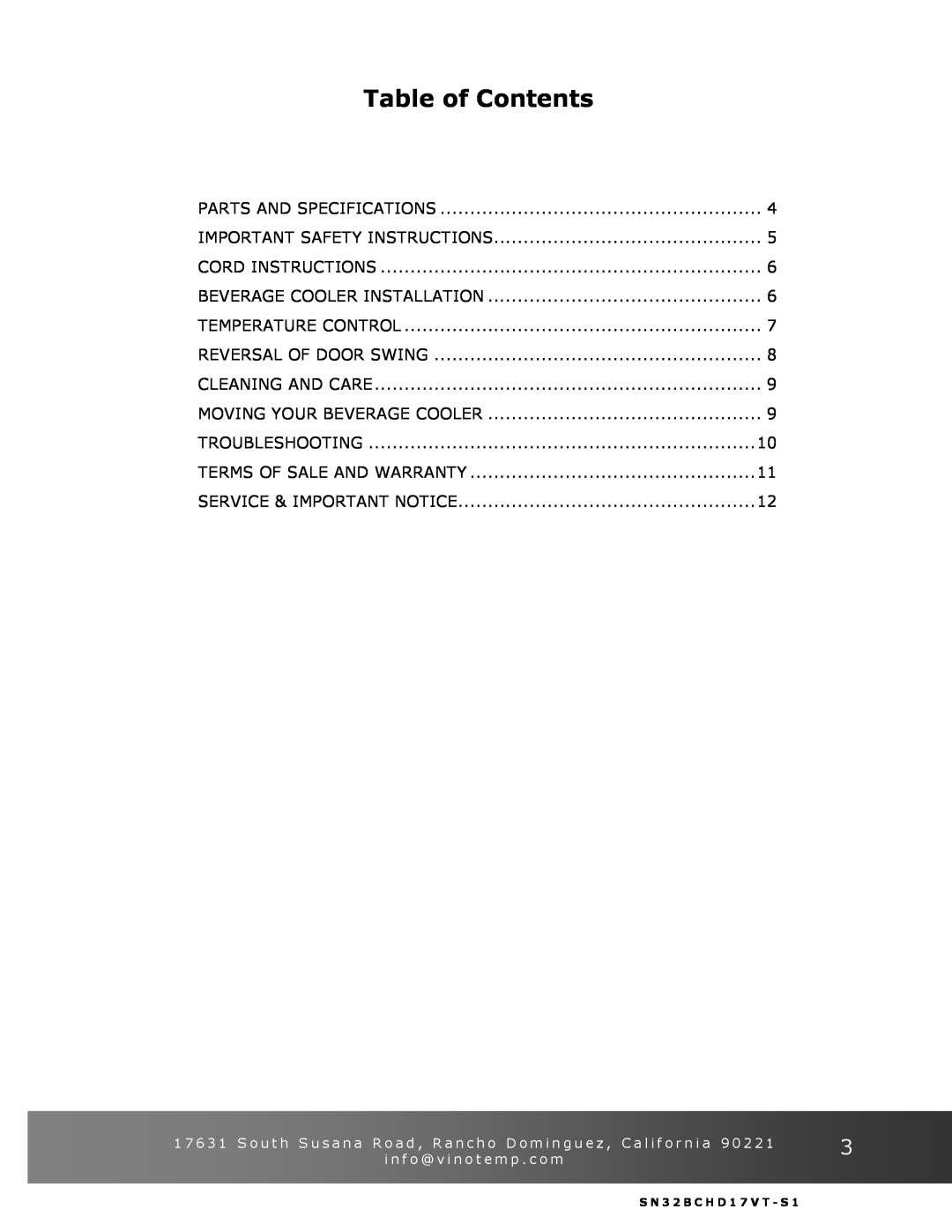 Vinotemp VT-32BCSB manual Table of Contents 