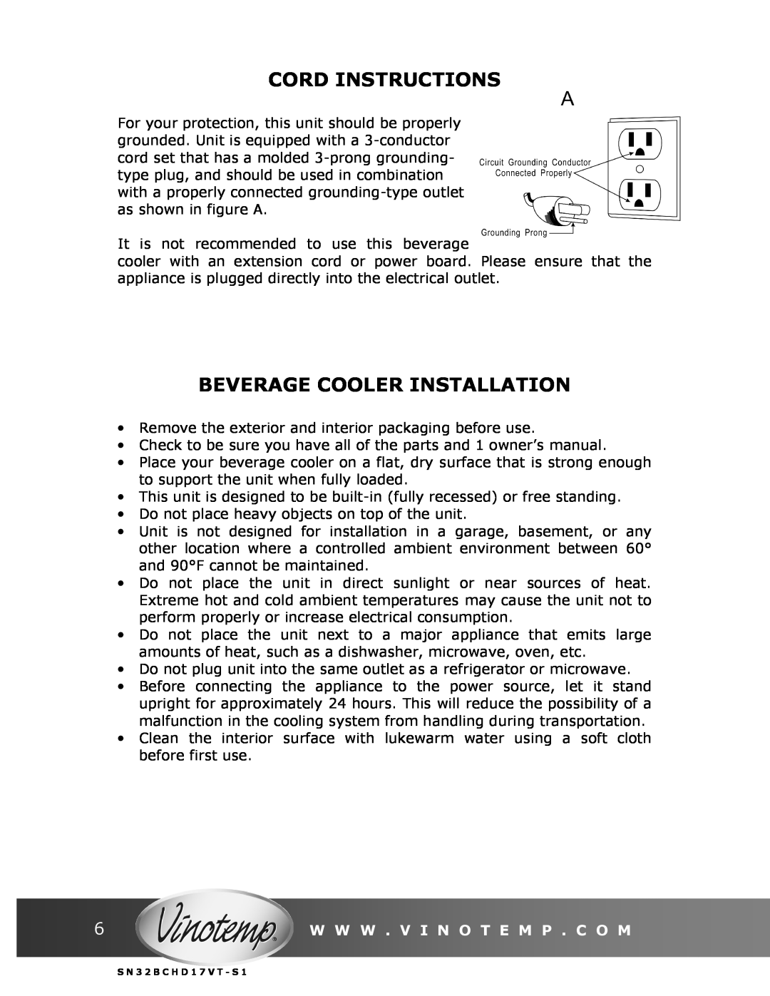 Vinotemp VT-32BCSB manual Cord Instructions, Beverage Cooler Installation, W W W . V I N O T E M P . C O M 
