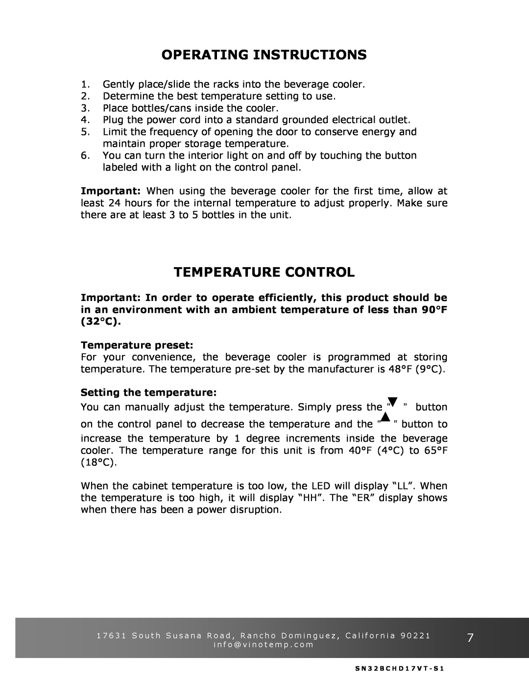 Vinotemp VT-32BCSB manual Operating Instructions, Temperature Control, Temperature preset, Setting the temperature 