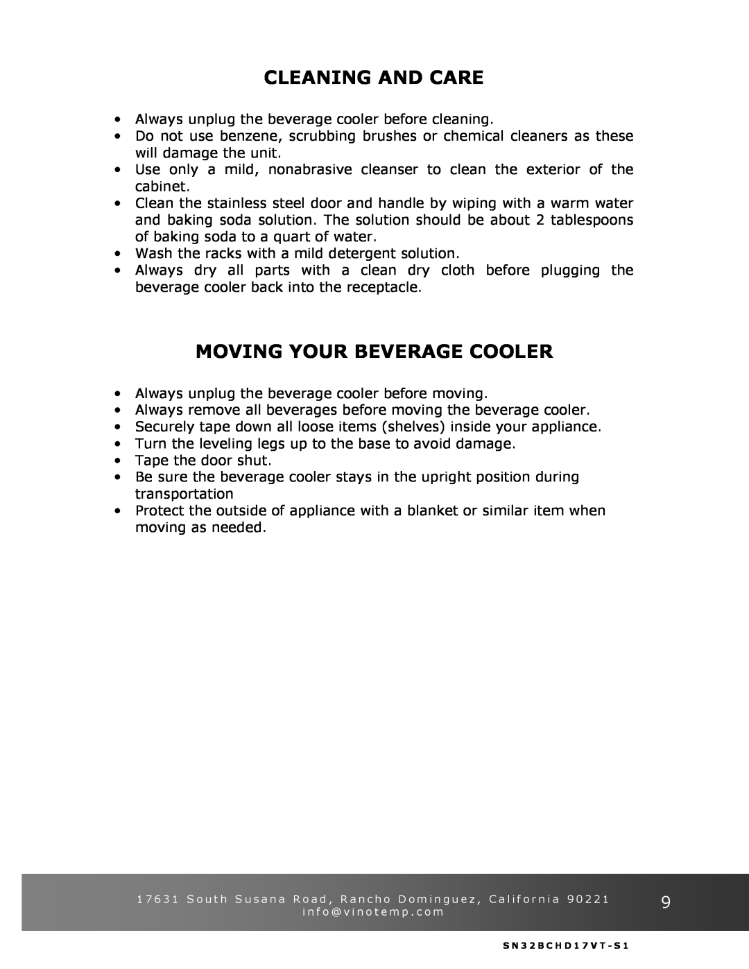 Vinotemp VT-32BCSB manual Cleaning And Care, Moving Your Beverage Cooler 