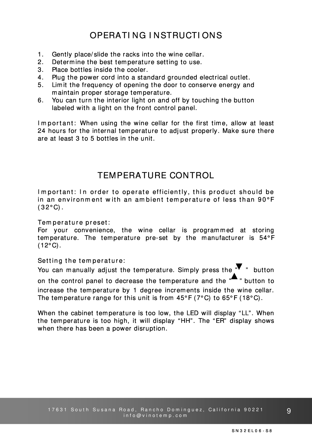 Vinotemp VT-32SN, VT-32G Operating Instructions, Temperature Control, Temperature preset, Setting the temperature 
