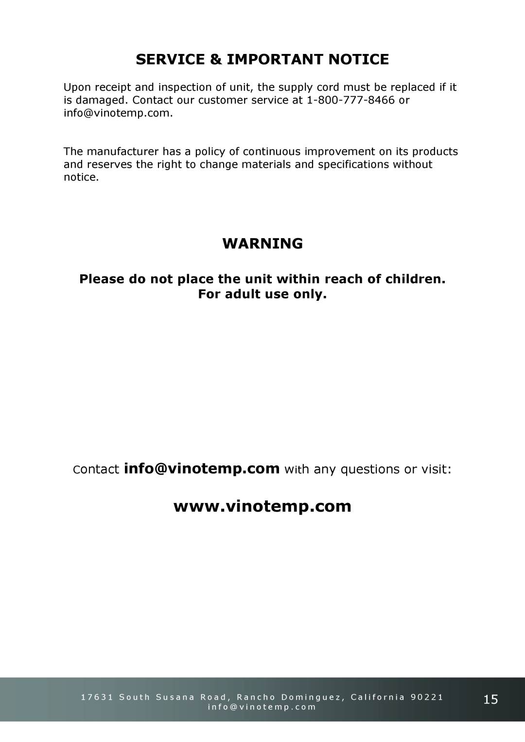 Vinotemp VT-34-2ZONE owner manual Service & Important Notice, For adult use only 