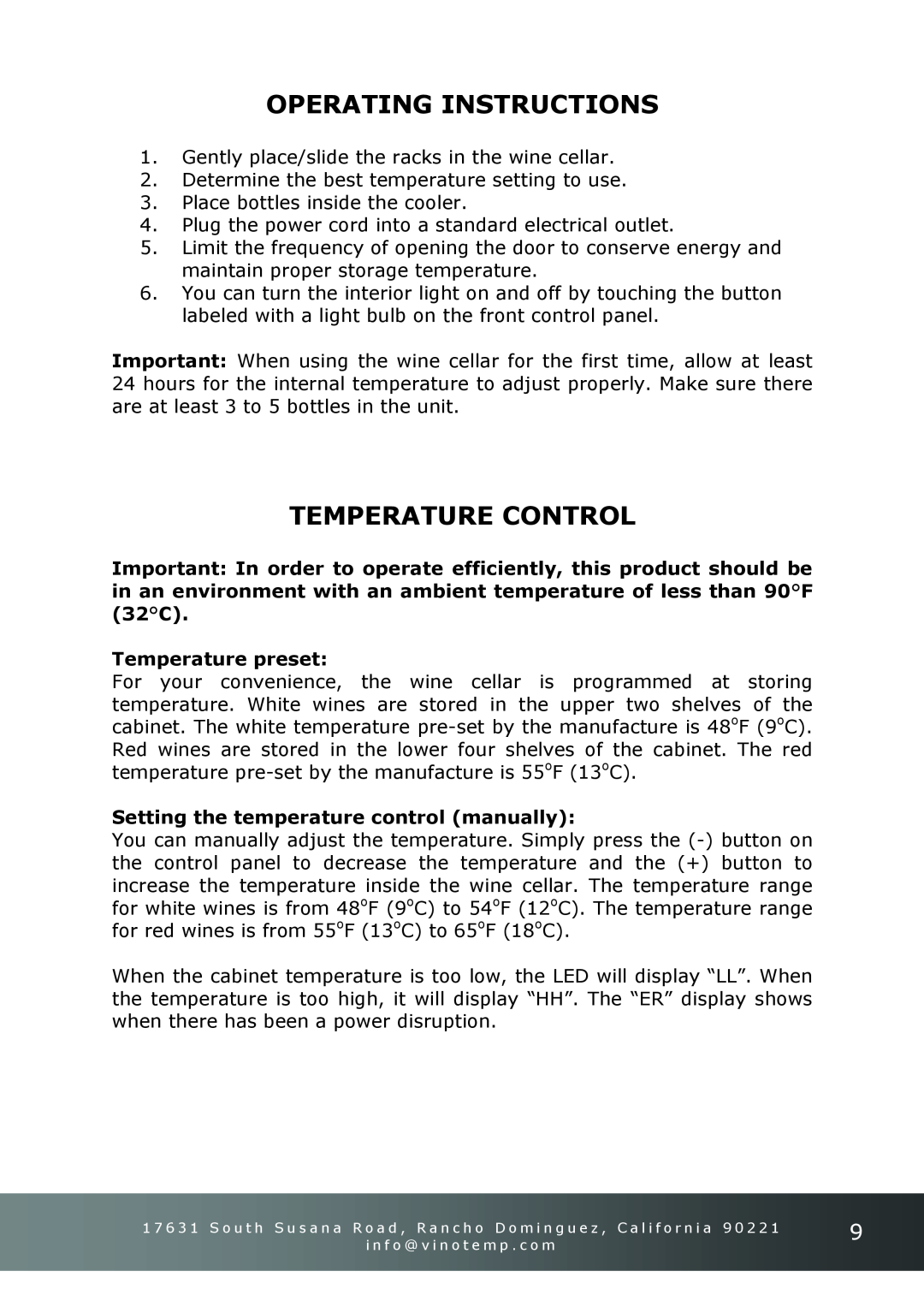 Vinotemp VT-34-2ZONE owner manual Operating Instructions, Temperature Control, Temperature preset 