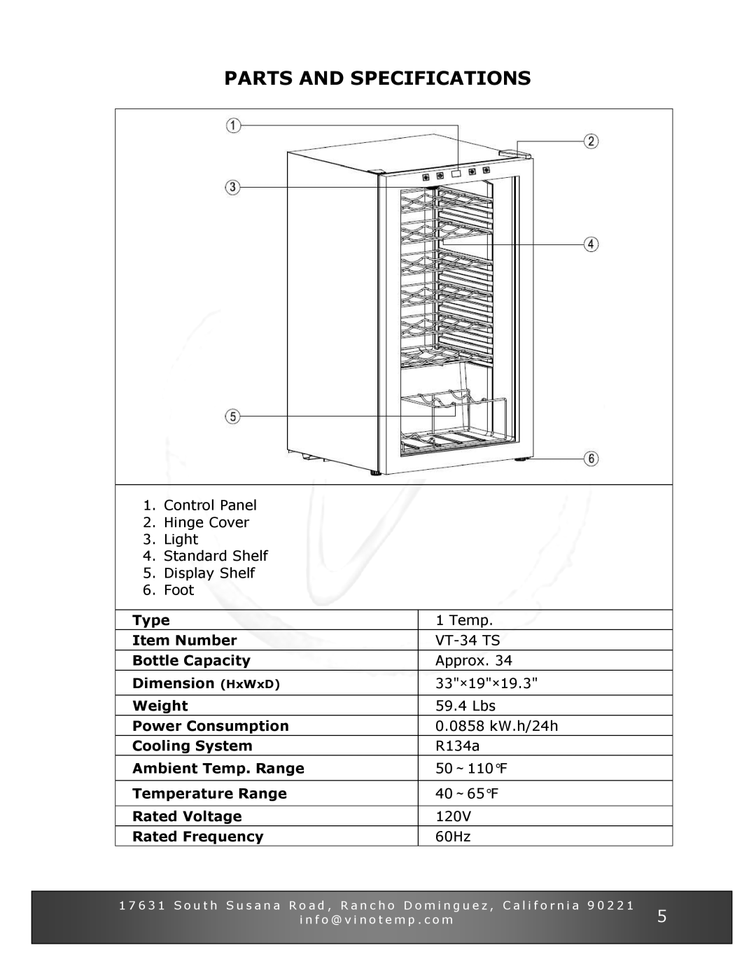 Vinotemp VT-34 TS owner manual Parts and Specifications 