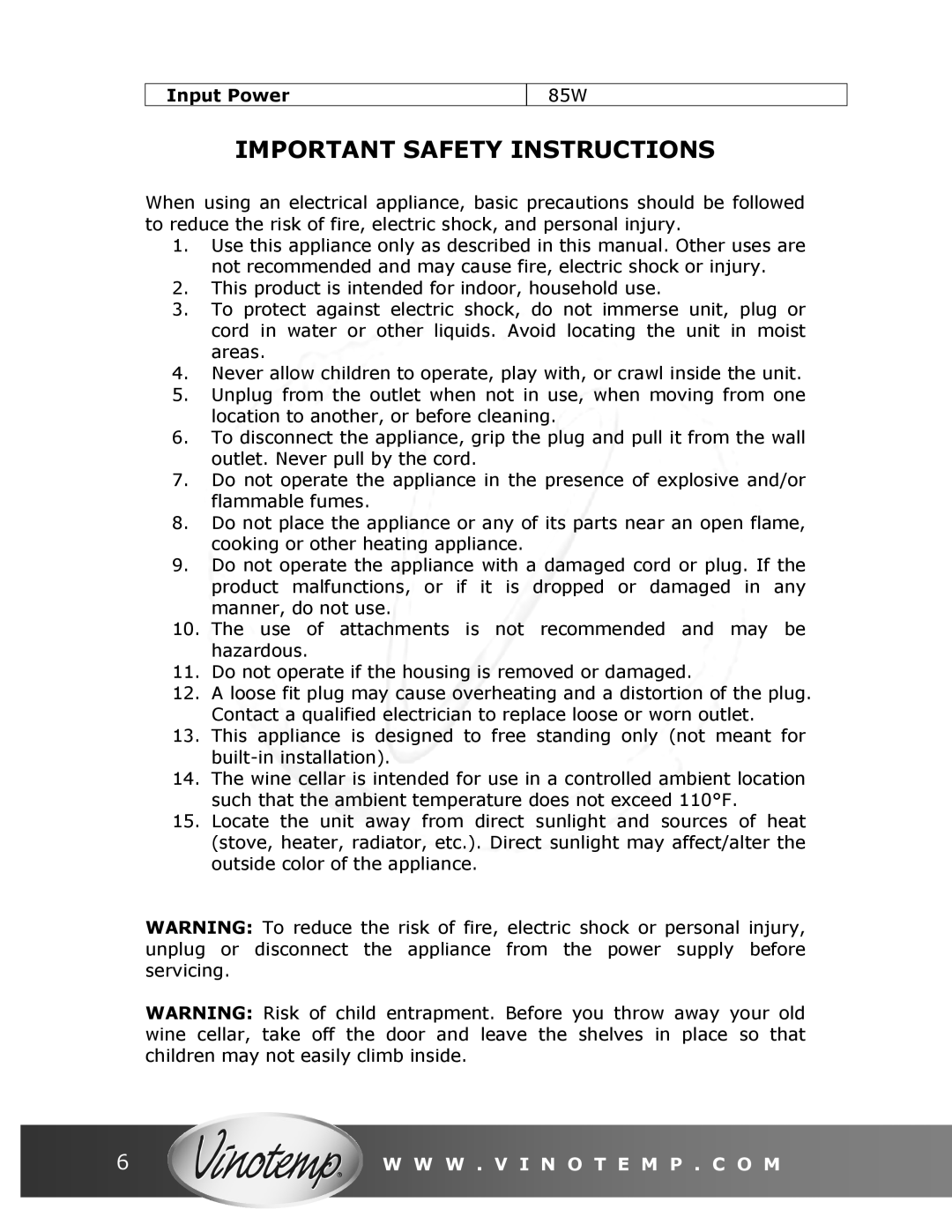 Vinotemp VT-34 TS owner manual Important Safety Instructions 