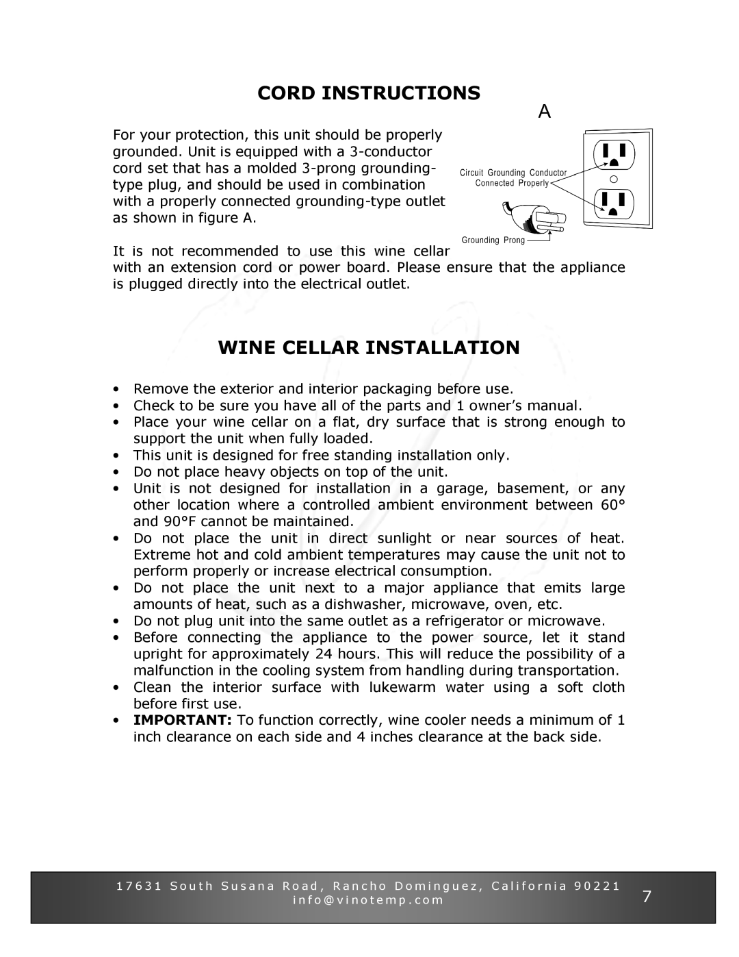 Vinotemp VT-34 TS owner manual Cord Instructions, Wine Cellar Installation 